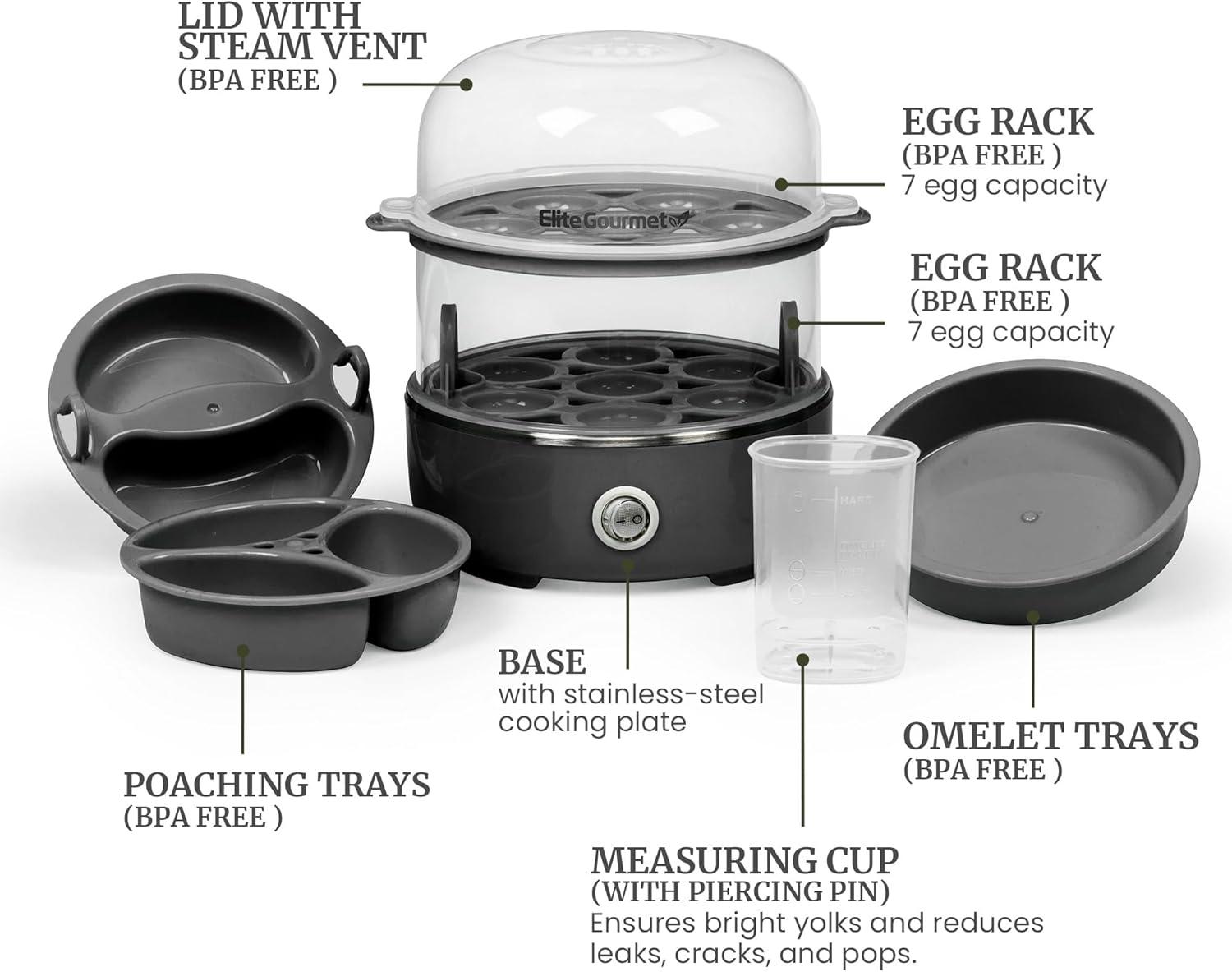 imageElite Gourmet EGC1215B Easy Egg Cooker Stainlesssteel Heating Plate TwoTiered 14Egg Capacity Soft Medium HardBoiled Auto ShutOff Omelets Poached Eggs Measuring Cup Piercing Pin BlackBlack