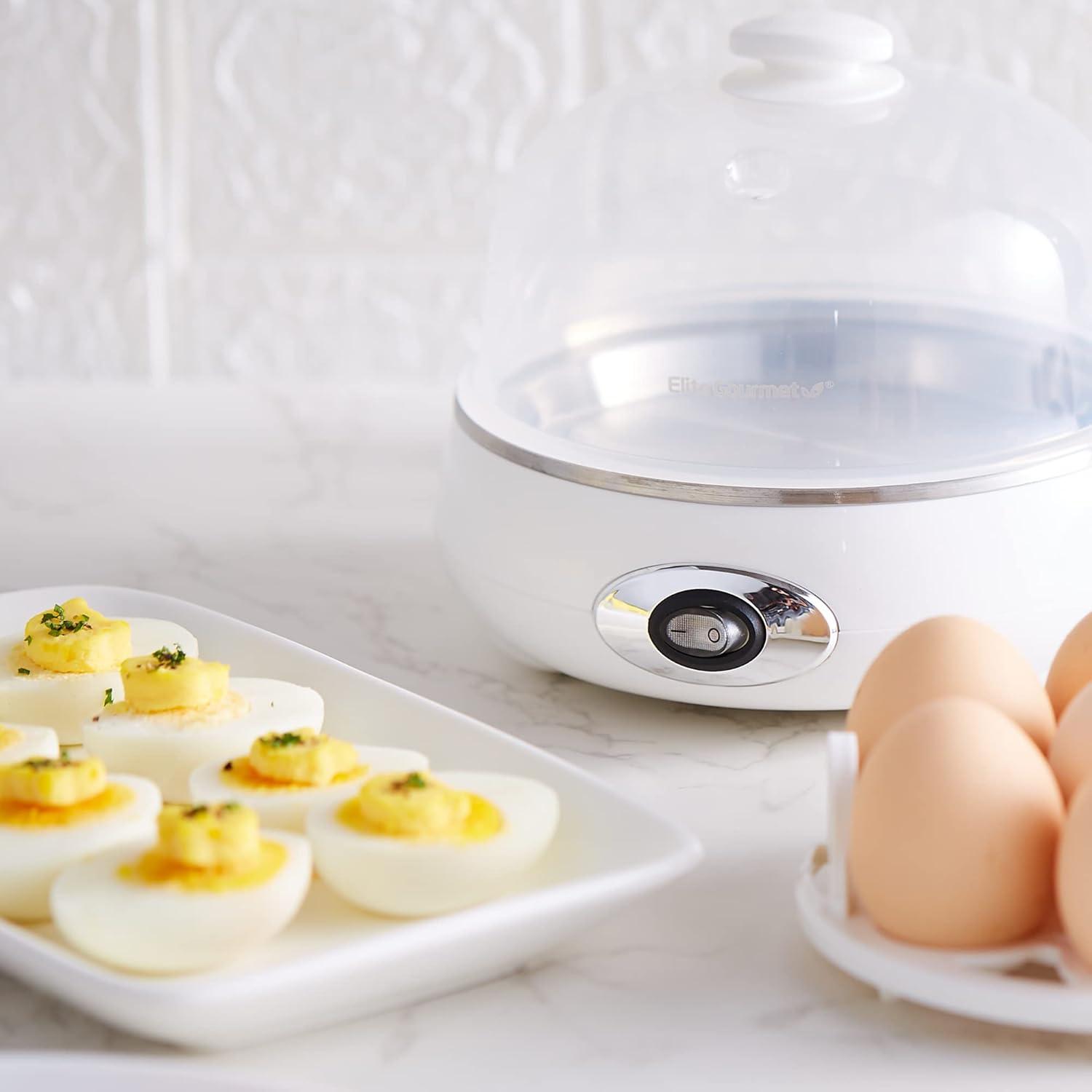 imageElite Gourmet EGC1215B Easy Egg Cooker Stainlesssteel Heating Plate TwoTiered 14Egg Capacity Soft Medium HardBoiled Auto ShutOff Omelets Poached Eggs Measuring Cup Piercing Pin BlackClassic White
