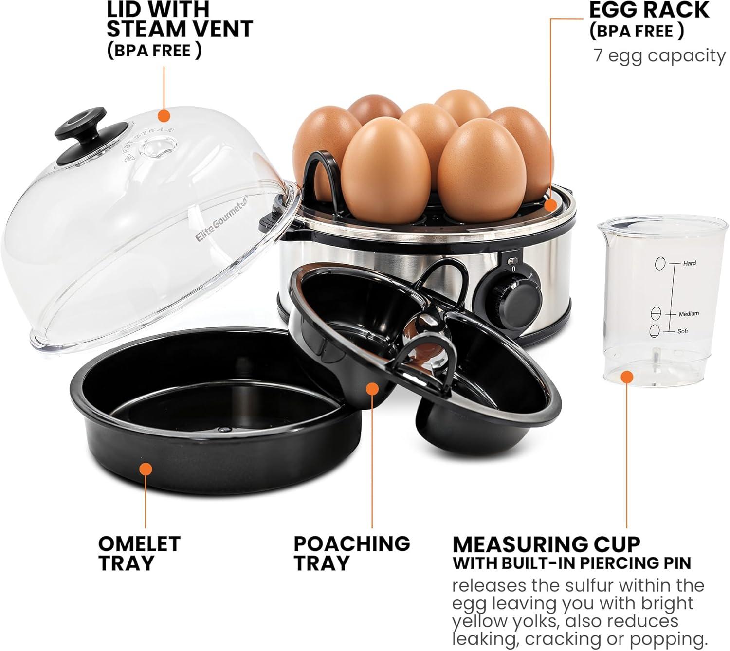 imageElite Gourmet EGC1215B Easy Egg Cooker Stainlesssteel Heating Plate TwoTiered 14Egg Capacity Soft Medium HardBoiled Auto ShutOff Omelets Poached Eggs Measuring Cup Piercing Pin BlackStainless Steel