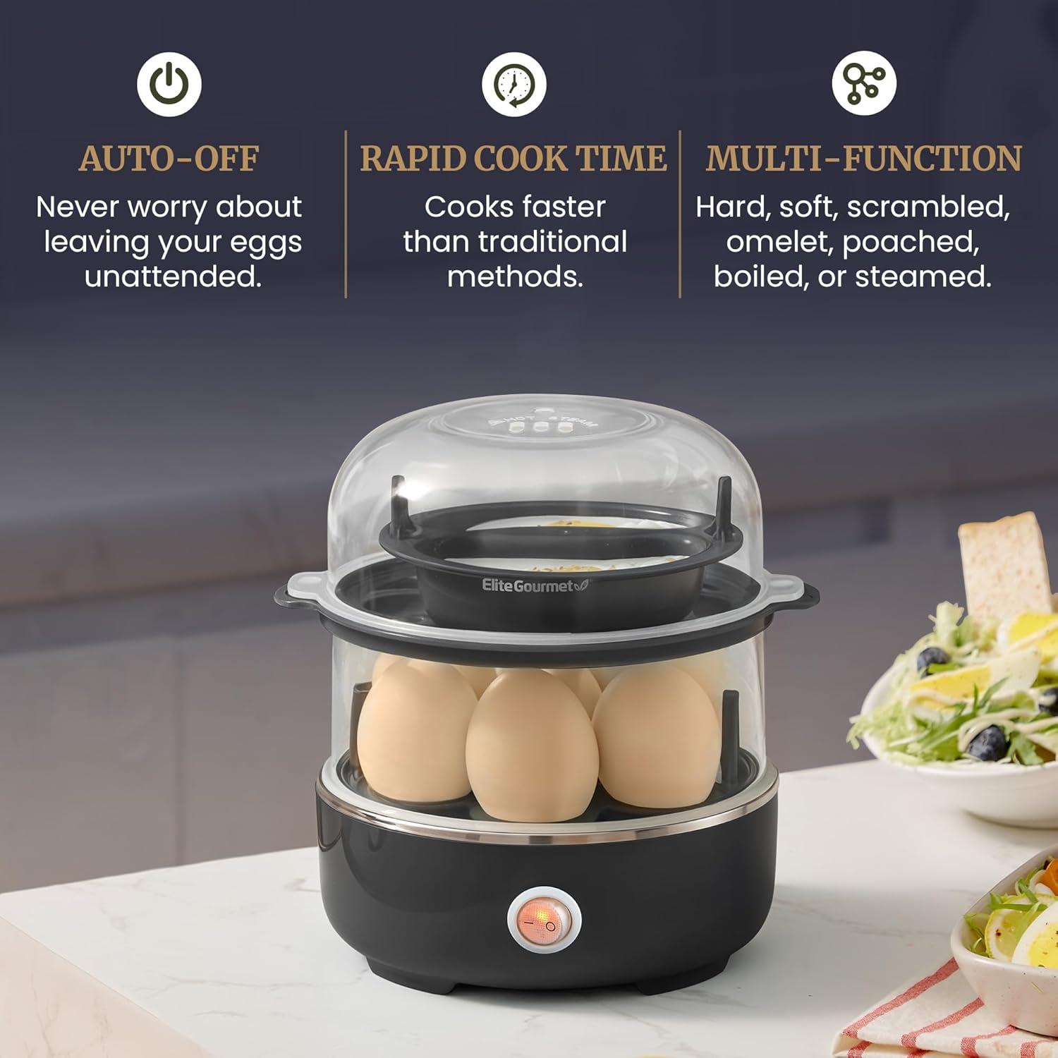 imageElite Gourmet EGC1215B Easy Egg Cooker Stainlesssteel Heating Plate TwoTiered 14Egg Capacity Soft Medium HardBoiled Auto ShutOff Omelets Poached Eggs Measuring Cup Piercing Pin BlackBlack