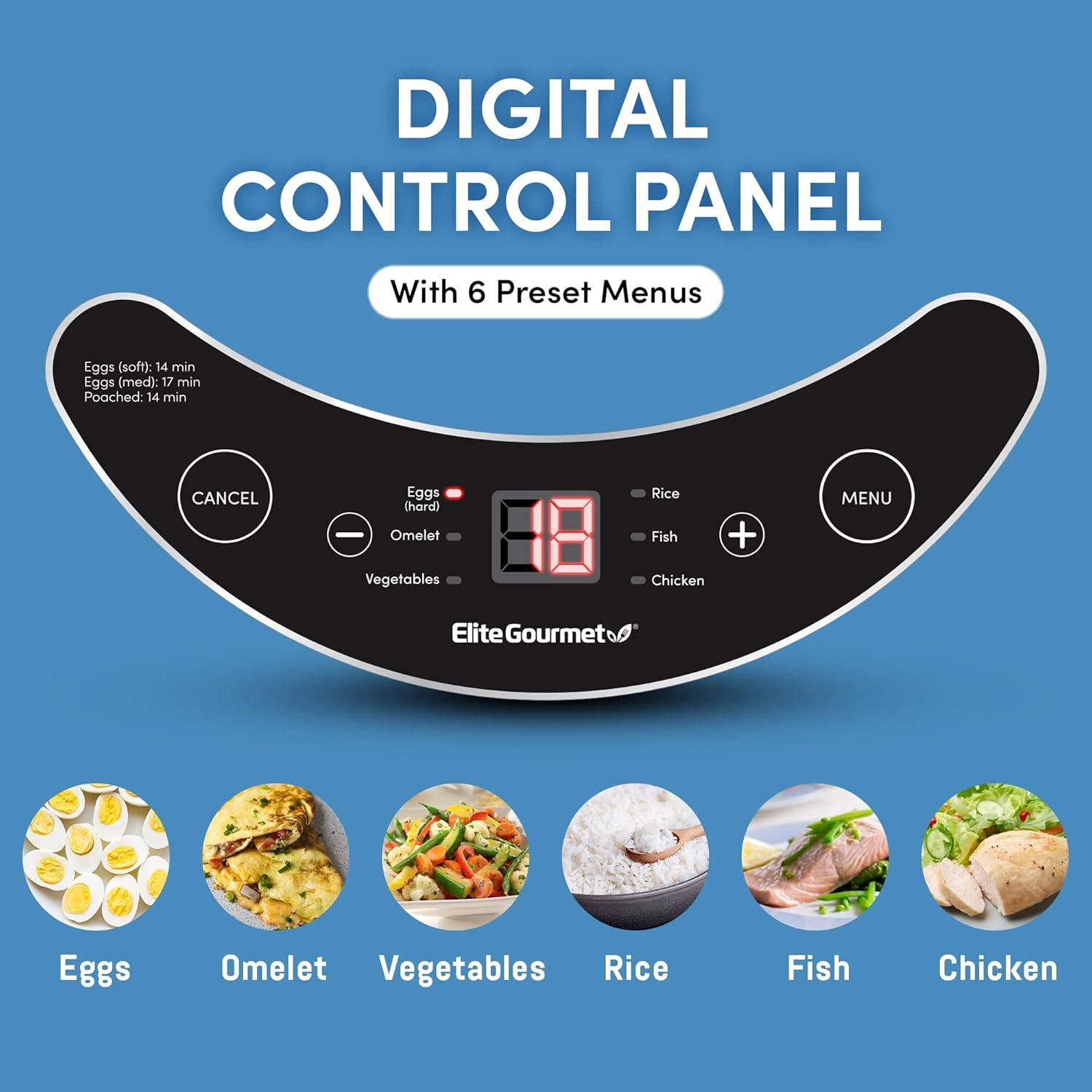 imageElite Gourmet EGC314CB Digital Easy Egg Cooker Food Steamer Poacher Omelet Soft Medium HardBoiled Egg with 6 Programmed Preset Functions 2Tiers Measuring Cup 14 egg capacity BlackCharcoal