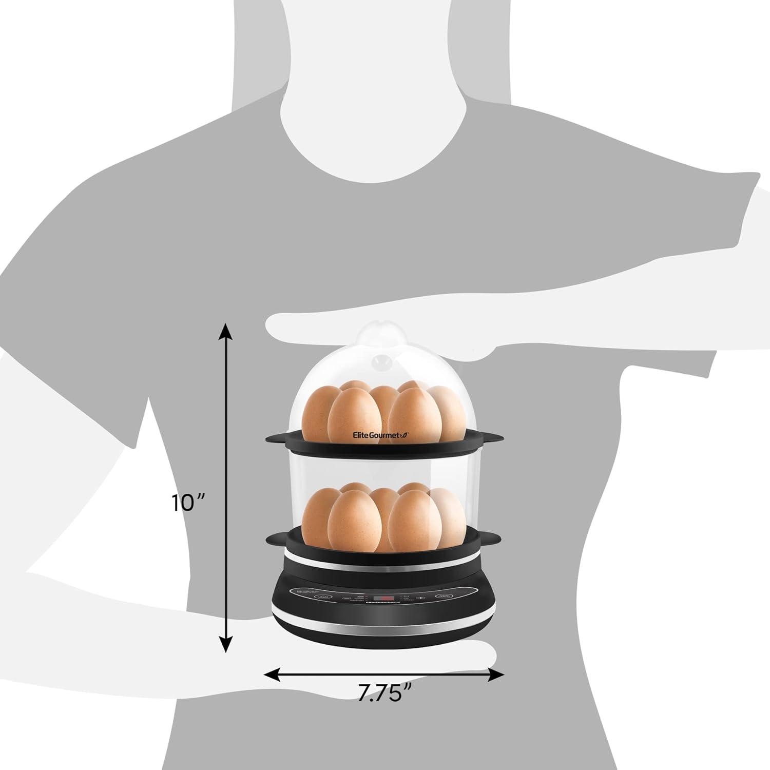 imageElite Gourmet EGC314CB Digital Easy Egg Cooker Food Steamer Poacher Omelet Soft Medium HardBoiled Egg with 6 Programmed Preset Functions 2Tiers Measuring Cup 14 egg capacity BlackBlack