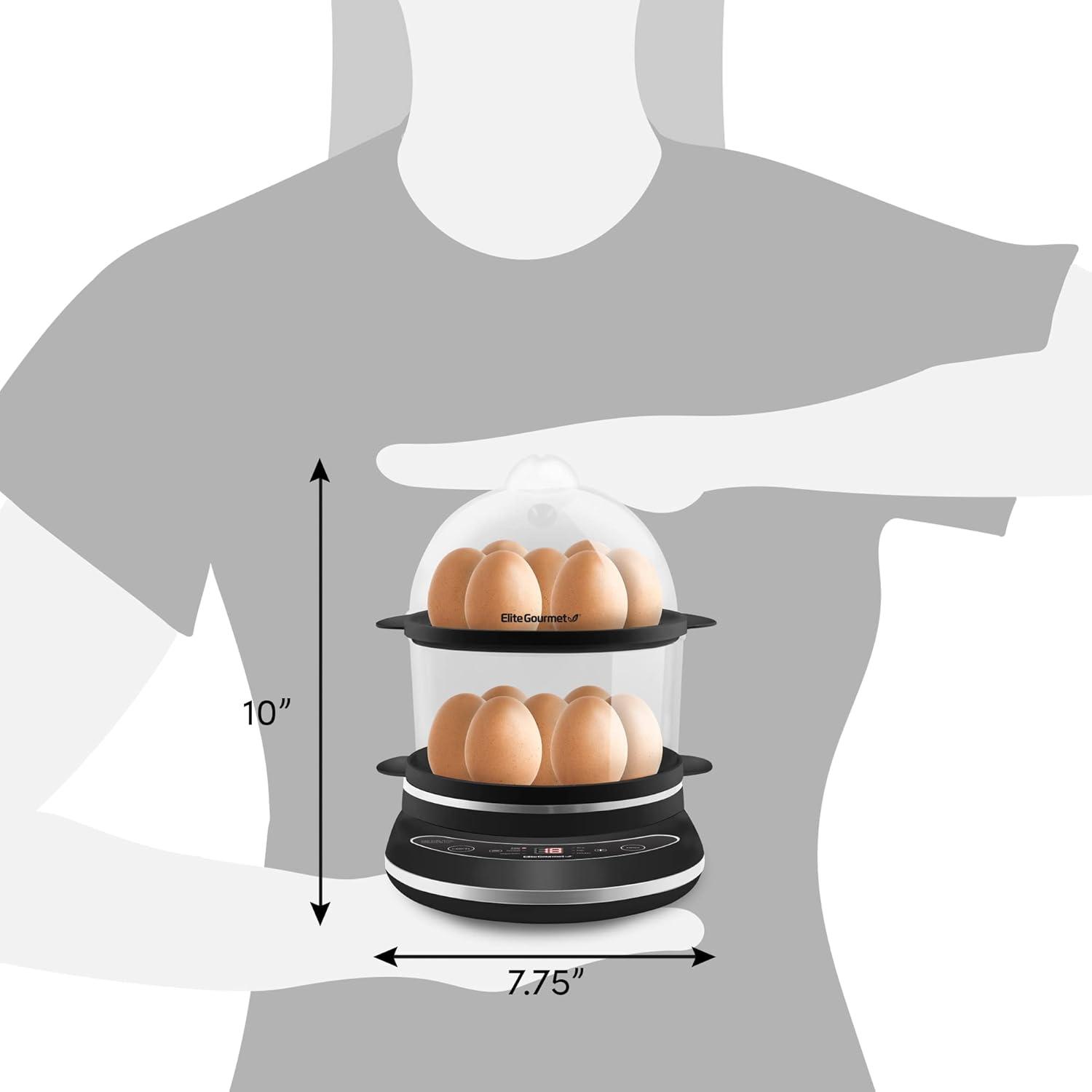 imageElite Gourmet EGC314CB Digital Easy Egg Cooker Food Steamer Poacher Omelet Soft Medium HardBoiled Egg with 6 Programmed Preset Functions 2Tiers Measuring Cup 14 egg capacity BlackCharcoal