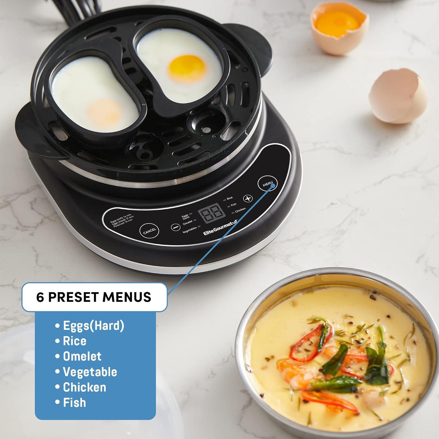 imageElite Gourmet EGC314CB Digital Easy Egg Cooker Food Steamer Poacher Omelet Soft Medium HardBoiled Egg with 6 Programmed Preset Functions 2Tiers Measuring Cup 14 egg capacity BlackCharcoal