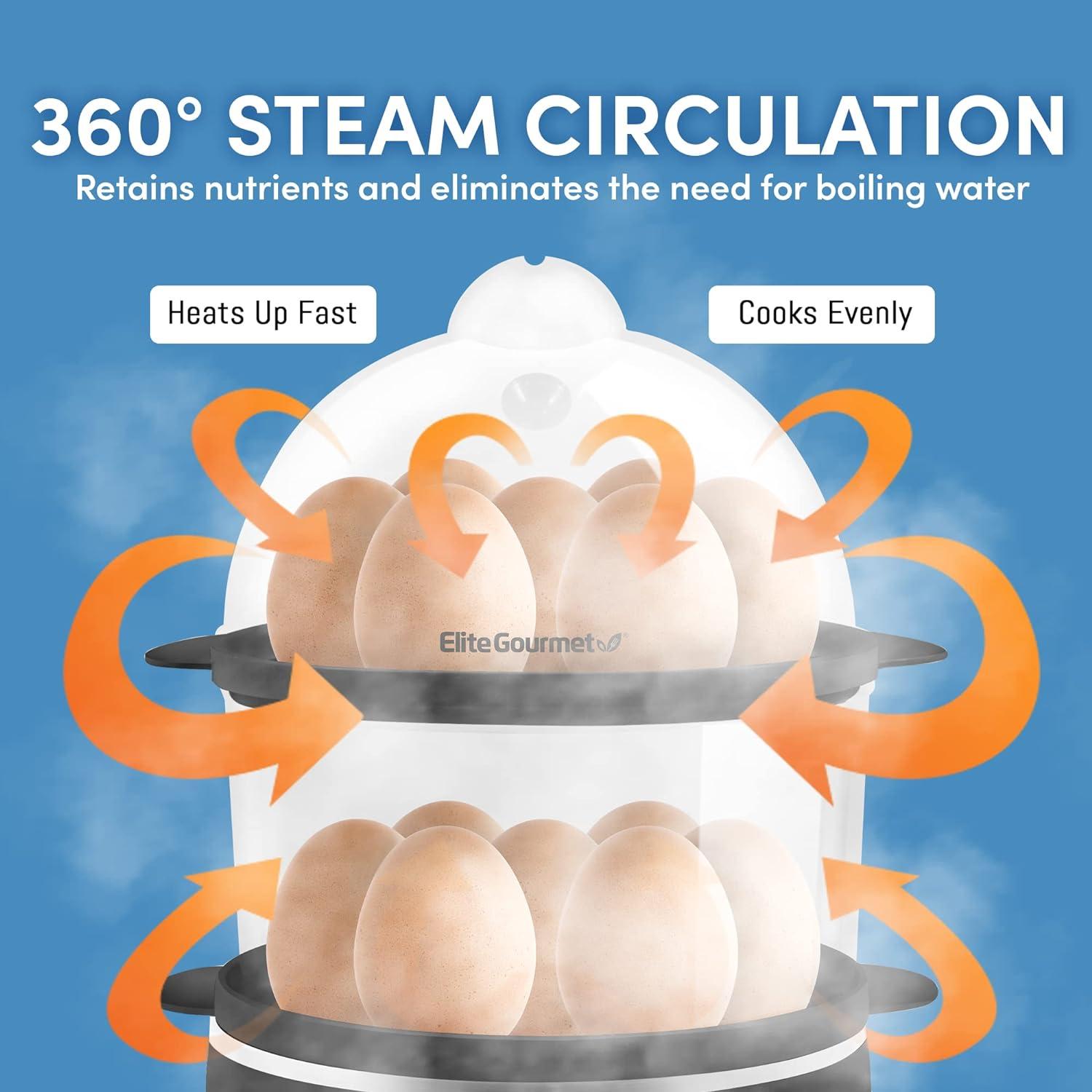 imageElite Gourmet EGC314CB Digital Easy Egg Cooker Food Steamer Poacher Omelet Soft Medium HardBoiled Egg with 6 Programmed Preset Functions 2Tiers Measuring Cup 14 egg capacity BlackCharcoal