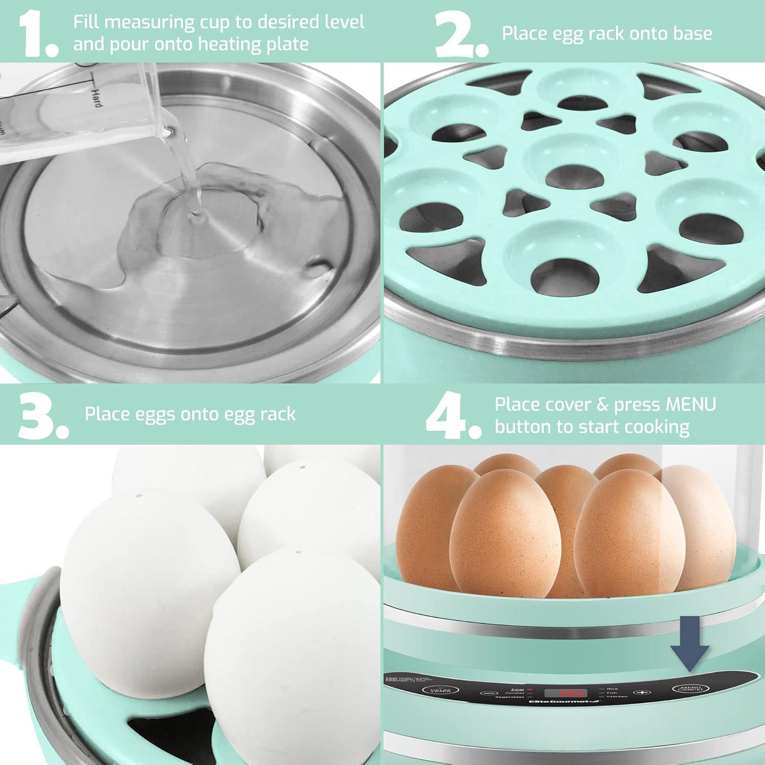 imageElite Gourmet EGC314CB Digital Easy Egg Cooker Food Steamer Poacher Omelet Soft Medium HardBoiled Egg with 6 Programmed Preset Functions 2Tiers Measuring Cup 14 egg capacity BlackMint