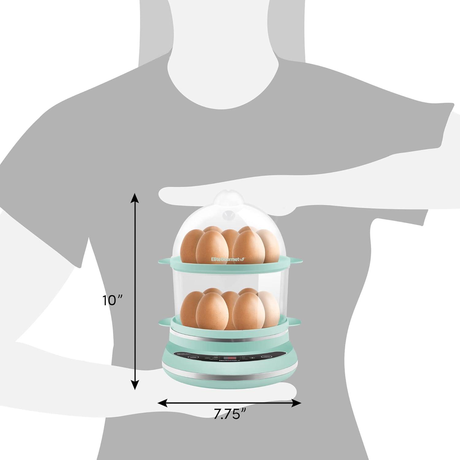 imageElite Gourmet EGC314CB Digital Easy Egg Cooker Food Steamer Poacher Omelet Soft Medium HardBoiled Egg with 6 Programmed Preset Functions 2Tiers Measuring Cup 14 egg capacity BlackMint