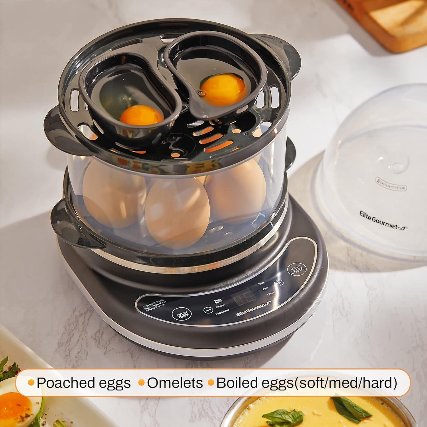 imageElite Gourmet EGC314CB Digital Easy Egg Cooker Food Steamer Poacher Omelet Soft Medium HardBoiled Egg with 6 Programmed Preset Functions 2Tiers Measuring Cup 14 egg capacity BlackBlack