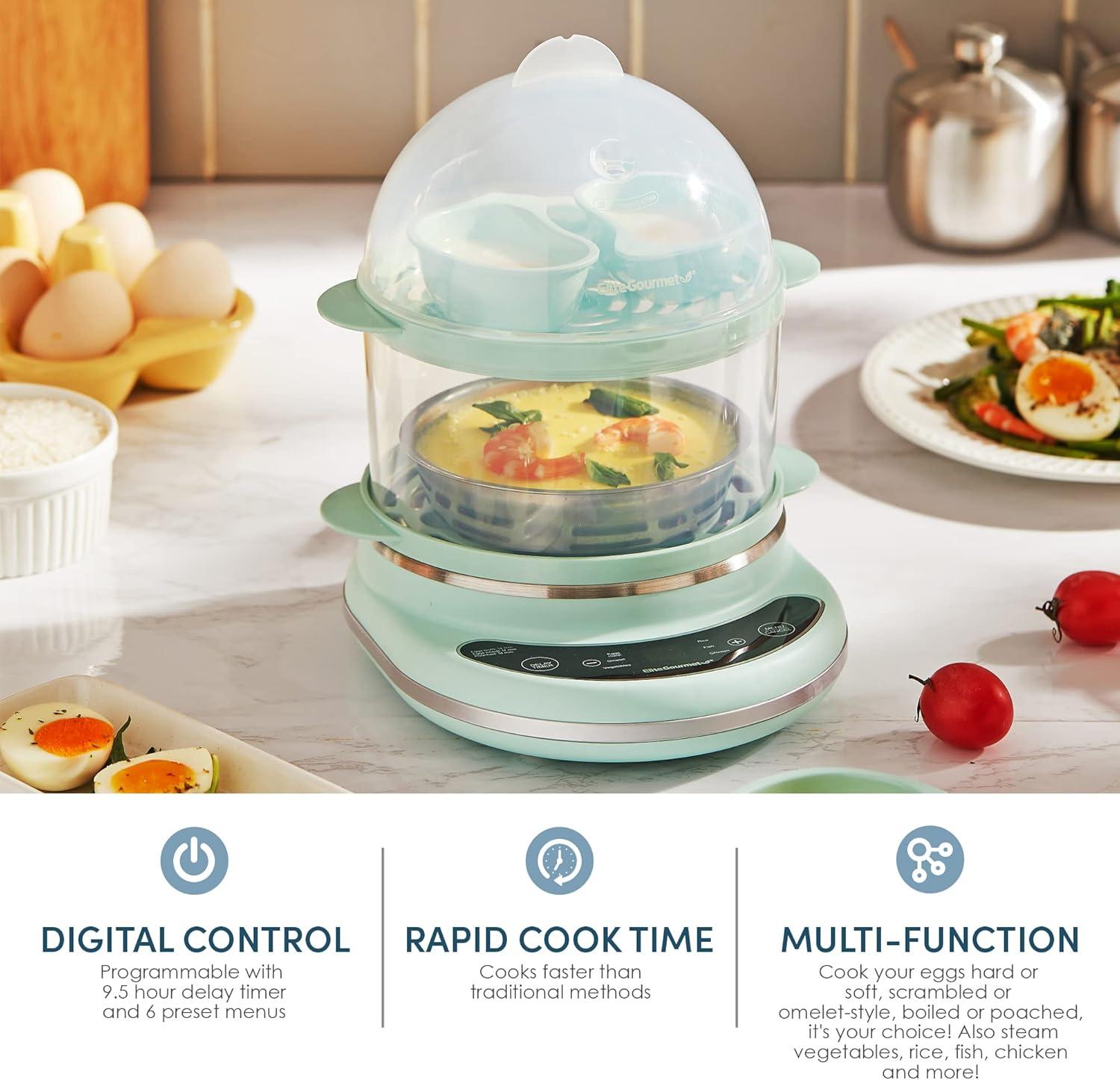imageElite Gourmet EGC314CB Digital Easy Egg Cooker Food Steamer Poacher Omelet Soft Medium HardBoiled Egg with 6 Programmed Preset Functions 2Tiers Measuring Cup 14 egg capacity BlackMint