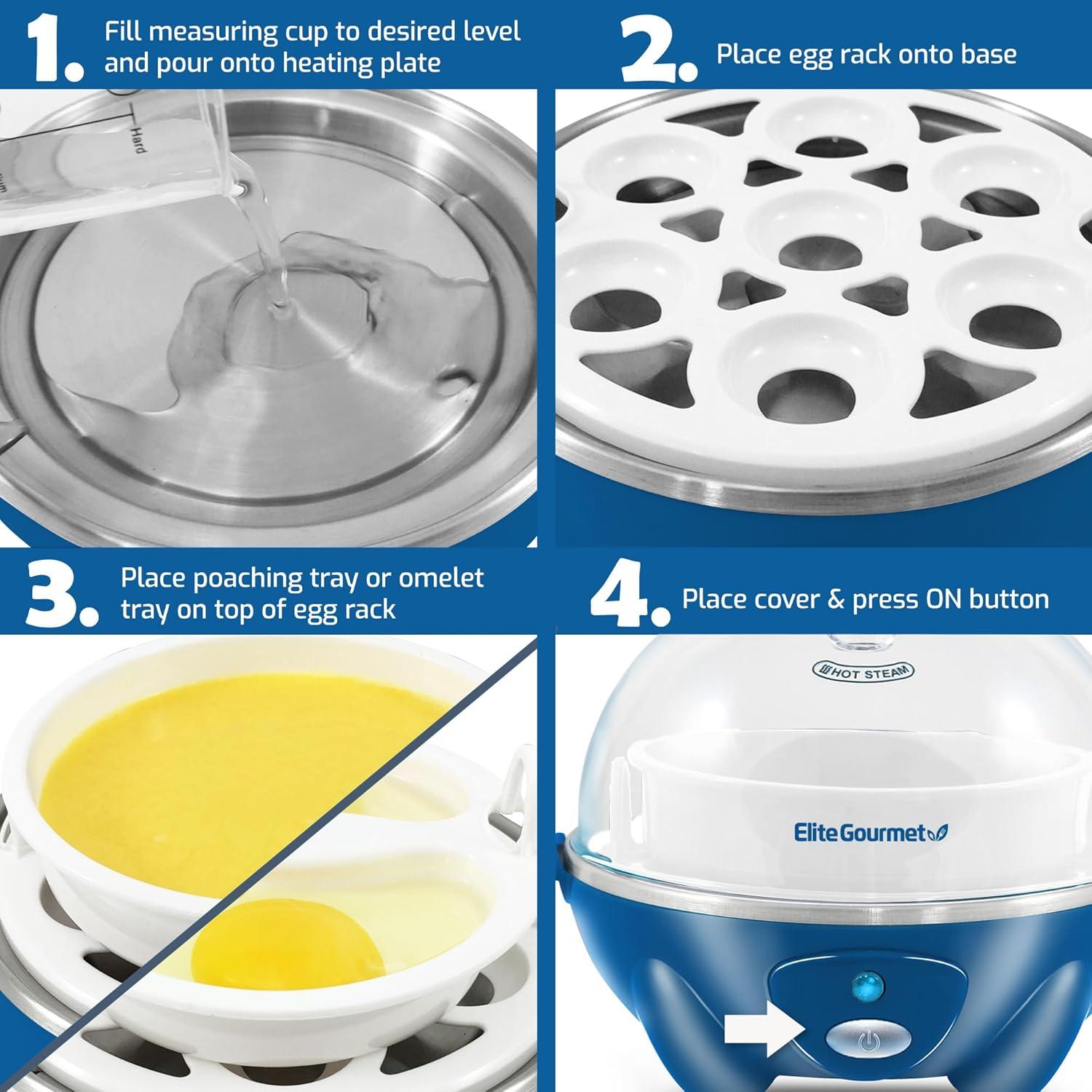 imageElite Gourmet EGC710DKG Rapid Egg Cooker 7 EasyToPeel Hard Medium Soft Boiled Eggs Poacher Omelet Maker Auto ShutOff Alarm 16Recipe Booklet BPAFree AshOcean