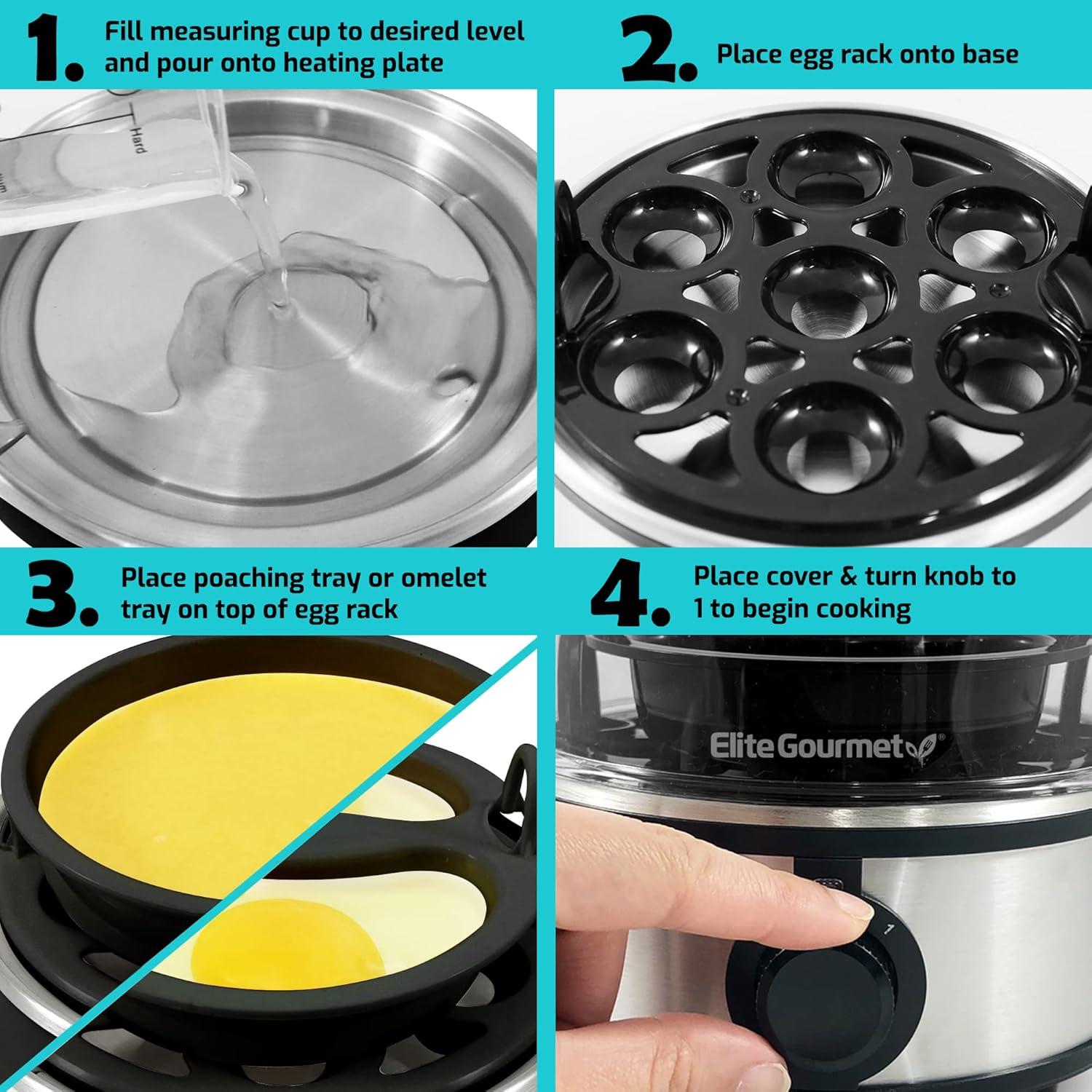 imageElite Gourmet EGC710DKG Rapid Egg Cooker 7 EasyToPeel Hard Medium Soft Boiled Eggs Poacher Omelet Maker Auto ShutOff Alarm 16Recipe Booklet BPAFree AshStainless Steel