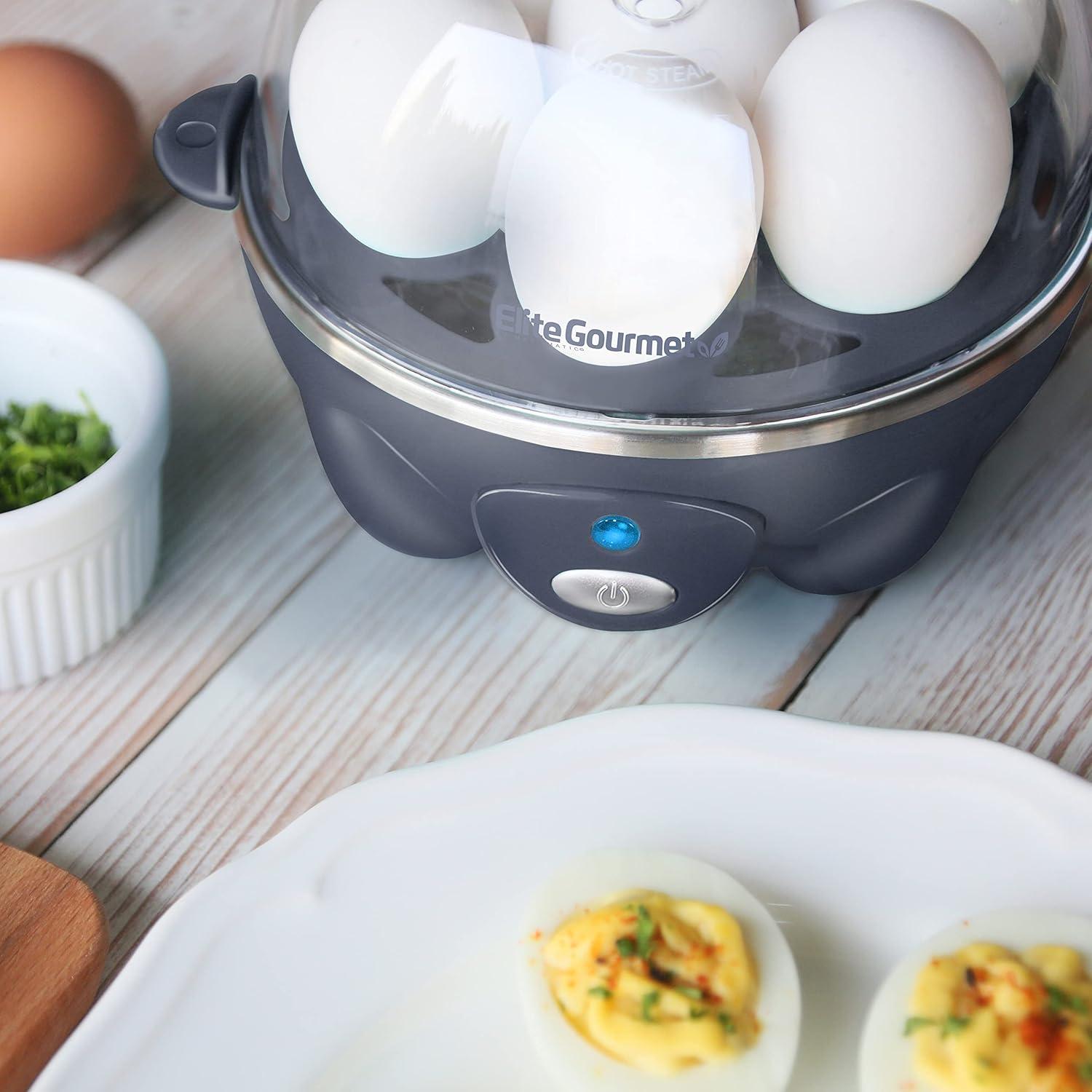 imageElite Gourmet EGC710DKG Rapid Egg Cooker 7 EasyToPeel Hard Medium Soft Boiled Eggs Poacher Omelet Maker Auto ShutOff Alarm 16Recipe Booklet BPAFree AshSteel Blue