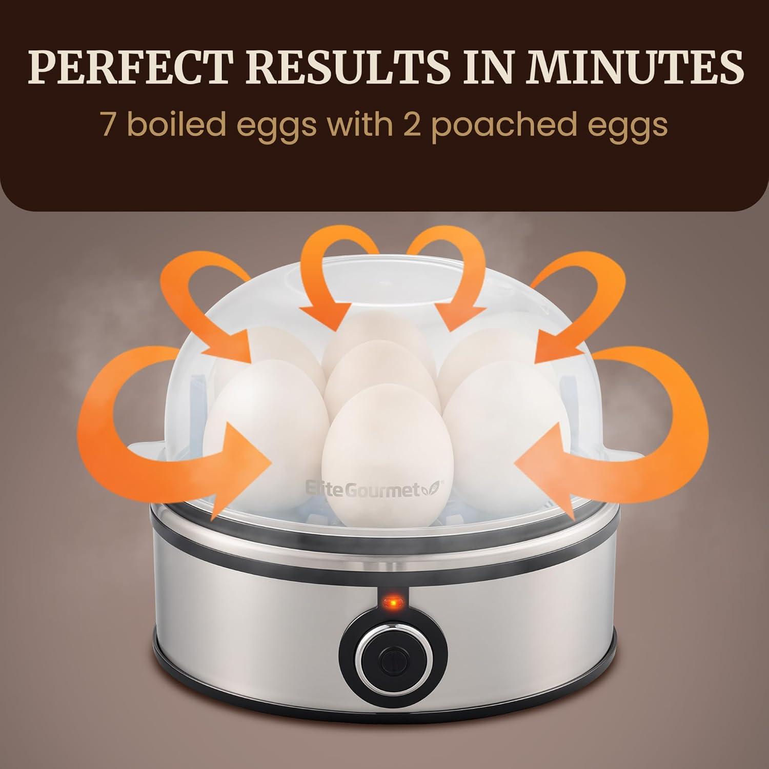 imageElite Gourmet EGC855SS Easy Egg Cooker 7Egg Capacity Soft Medium HardBoiled Omelets Poached Eggs Plays Melody when Done Auto ShutOff Measuring Cup Stainless SteelStainless Steel
