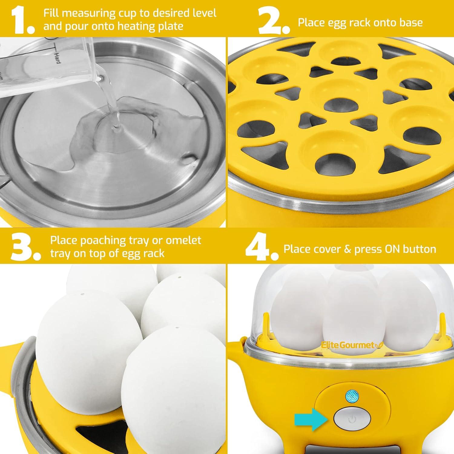 imageElite Gourmet EGC855SS Easy Egg Cooker 7Egg Capacity Soft Medium HardBoiled Omelets Poached Eggs Plays Melody when Done Auto ShutOff Measuring Cup Stainless SteelYellow