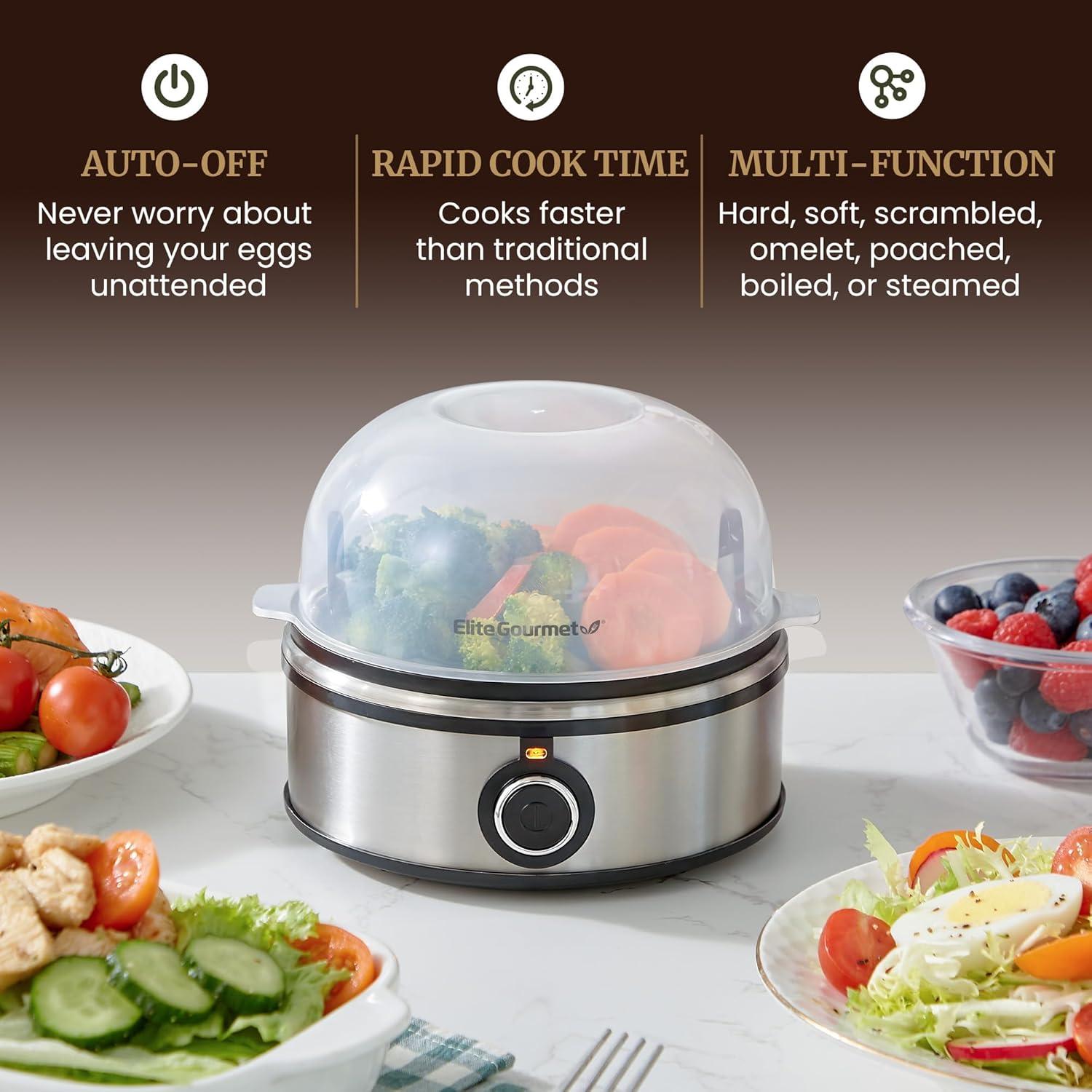imageElite Gourmet EGC855SS Easy Egg Cooker 7Egg Capacity Soft Medium HardBoiled Omelets Poached Eggs Plays Melody when Done Auto ShutOff Measuring Cup Stainless SteelStainless Steel