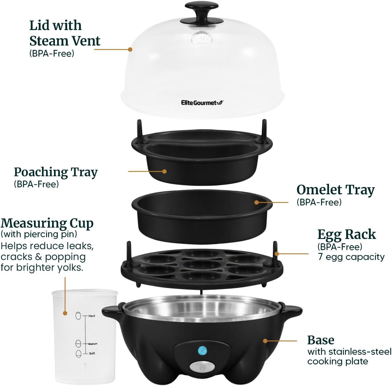 imageElite Gourmet EGC855SS Easy Egg Cooker 7Egg Capacity Soft Medium HardBoiled Omelets Poached Eggs Plays Melody when Done Auto ShutOff Measuring Cup Stainless SteelBlack