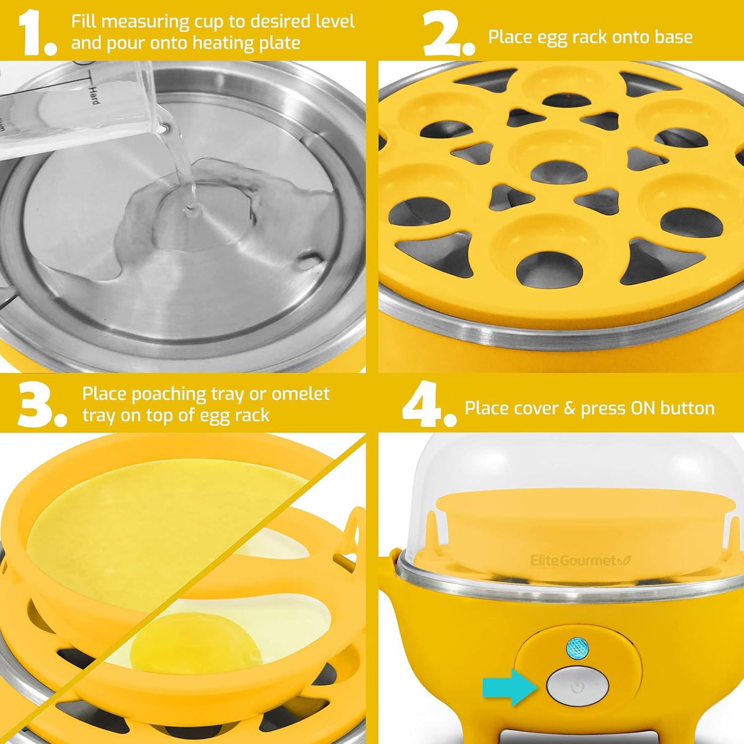 imageElite Gourmet EGC855SS Easy Egg Cooker 7Egg Capacity Soft Medium HardBoiled Omelets Poached Eggs Plays Melody when Done Auto ShutOff Measuring Cup Stainless SteelYellow