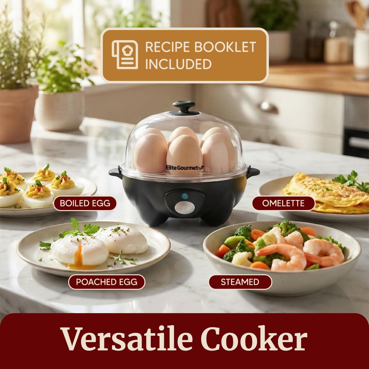 imageElite Gourmet EGC855SS Easy Egg Cooker 7Egg Capacity Soft Medium HardBoiled Omelets Poached Eggs Plays Melody when Done Auto ShutOff Measuring Cup Stainless SteelBlack