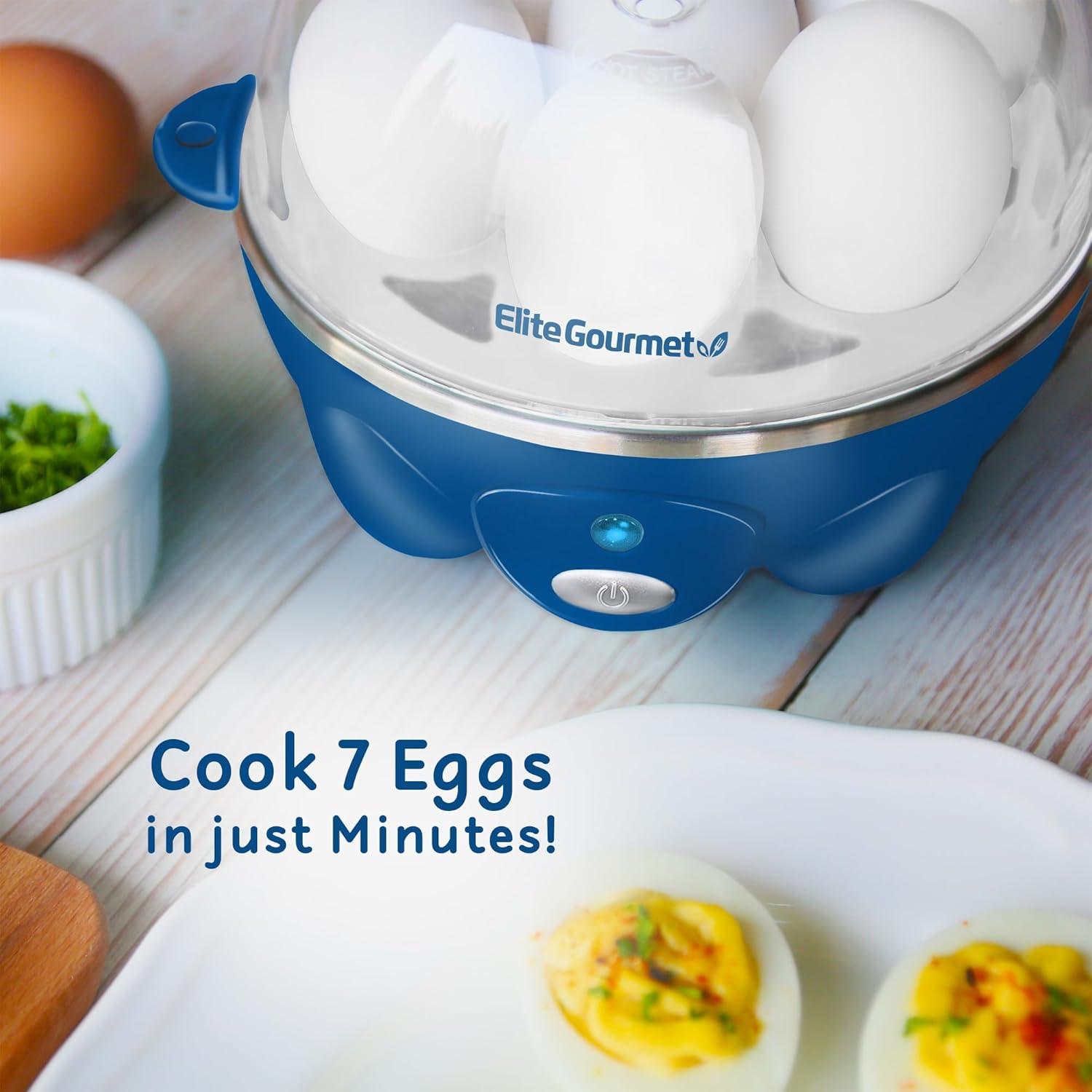 imageElite Gourmet Easy Electric 7 Egg Capacity Cooker Poacher Omelet Maker Scrambled Soft Medium Hard Boiled with Auto ShutOff and Buzzer BPA FreeClassic Blue