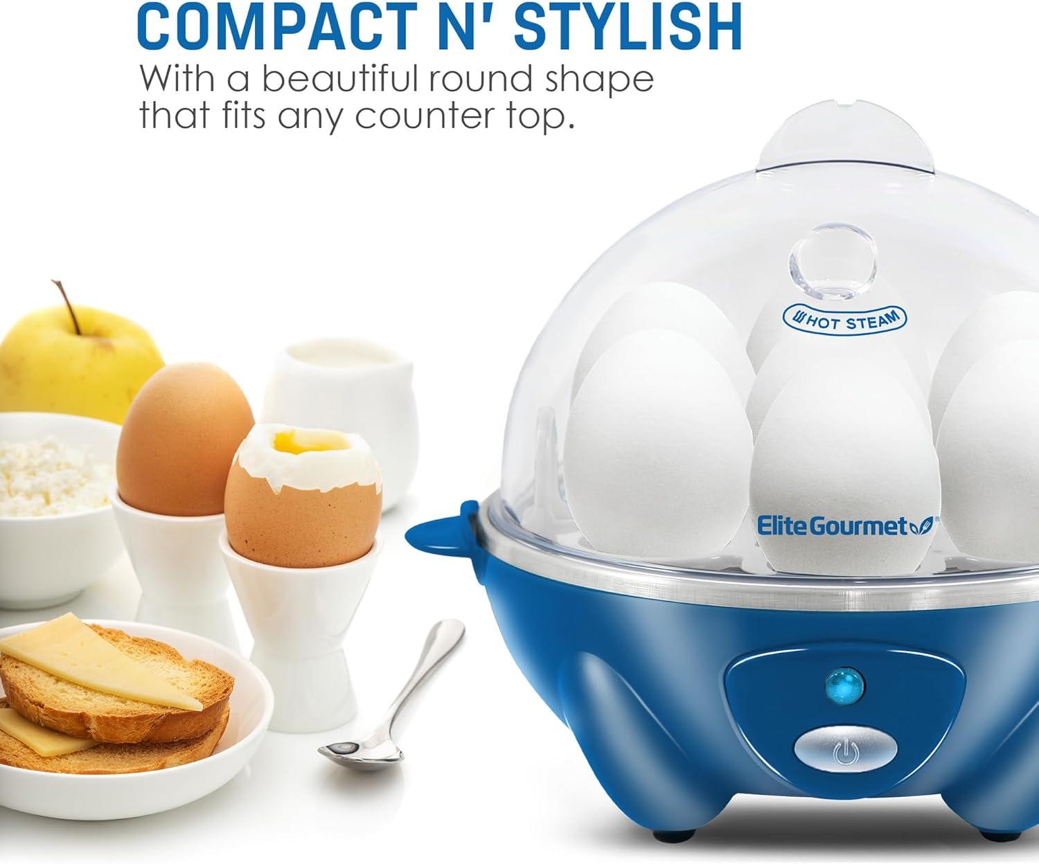 imageElite Gourmet Easy Electric 7 Egg Capacity Cooker Poacher Omelet Maker Scrambled Soft Medium Hard Boiled with Auto ShutOff and Buzzer BPA FreeClassic Blue
