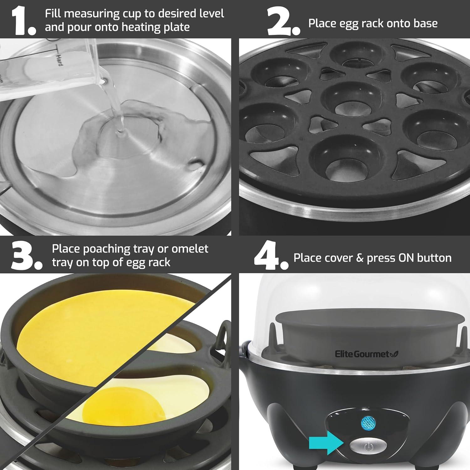 imageElite Gourmet Easy Electric 7 Egg Capacity Cooker Poacher Omelet Maker Scrambled Soft Medium Hard Boiled with Auto ShutOff and Buzzer BPA FreeDark Grey