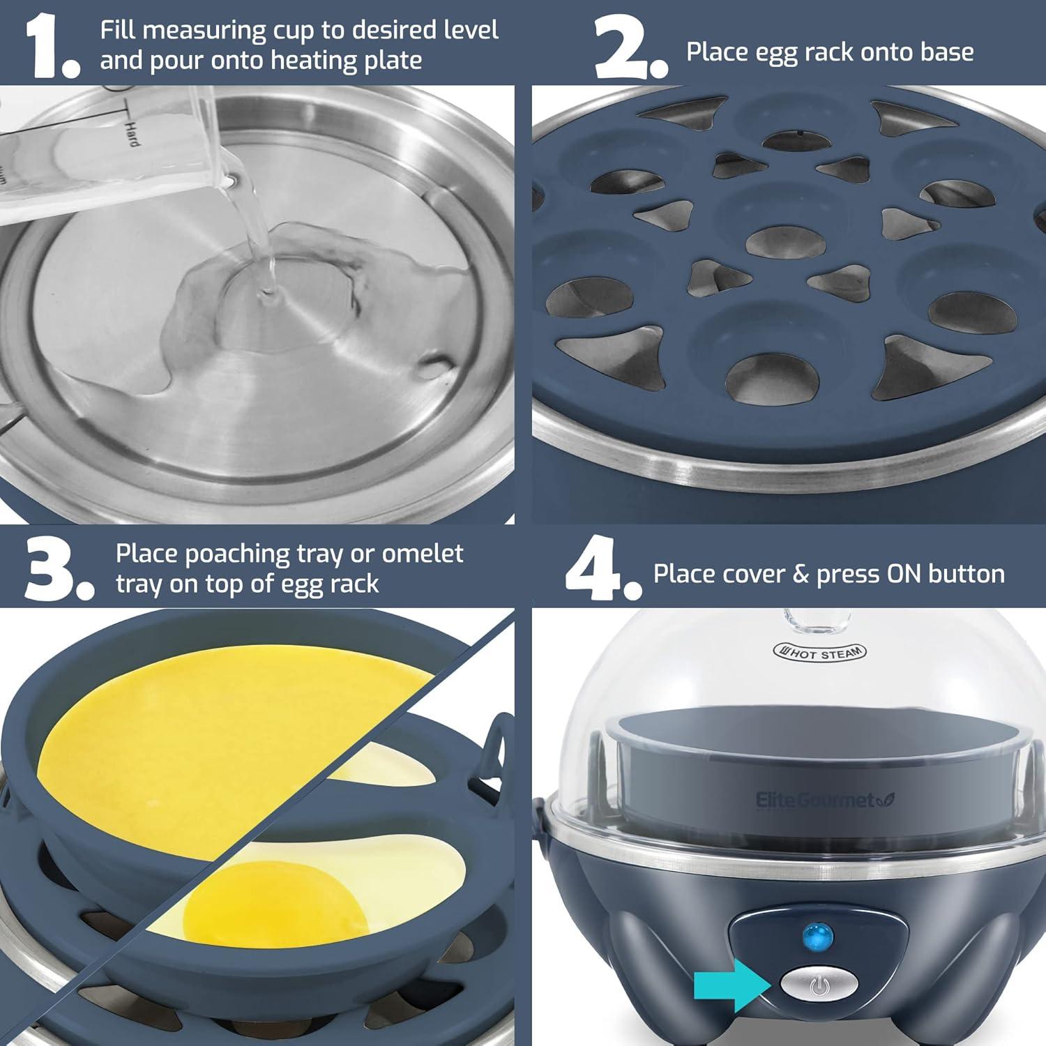 imageElite Gourmet Easy Electric 7 Egg Capacity Cooker Poacher Omelet Maker Scrambled Soft Medium Hard Boiled with Auto ShutOff and Buzzer BPA FreeGrey Blue