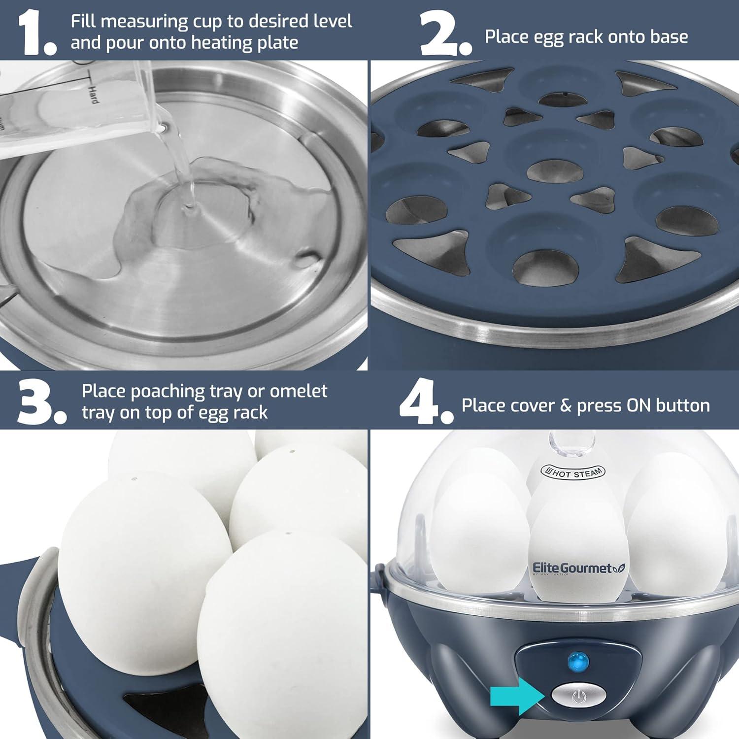 imageElite Gourmet Easy Electric 7 Egg Capacity Cooker Poacher Omelet Maker Scrambled Soft Medium Hard Boiled with Auto ShutOff and Buzzer BPA FreeGrey Blue