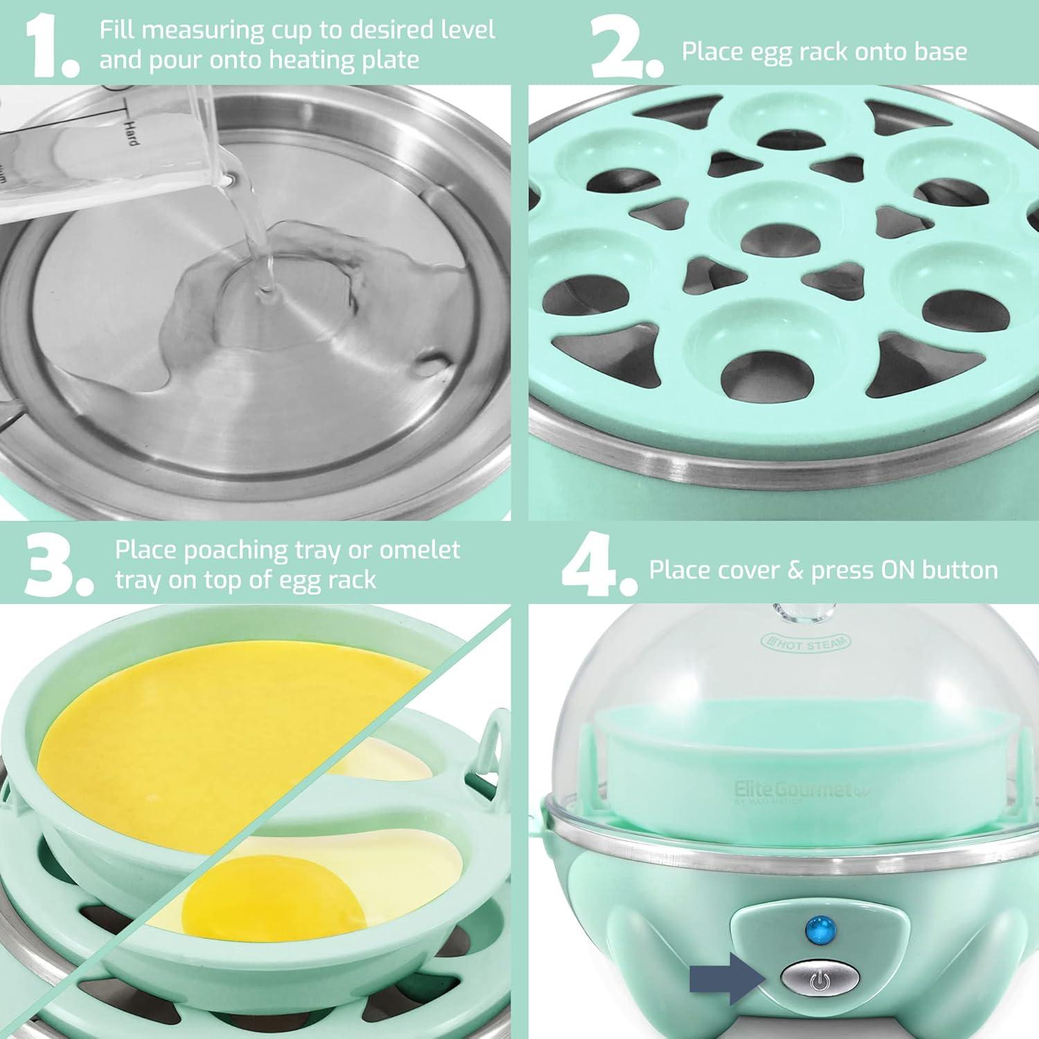 imageElite Gourmet Easy Electric 7 Egg Capacity Cooker Poacher Omelet Maker Scrambled Soft Medium Hard Boiled with Auto ShutOff and Buzzer BPA FreeMint
