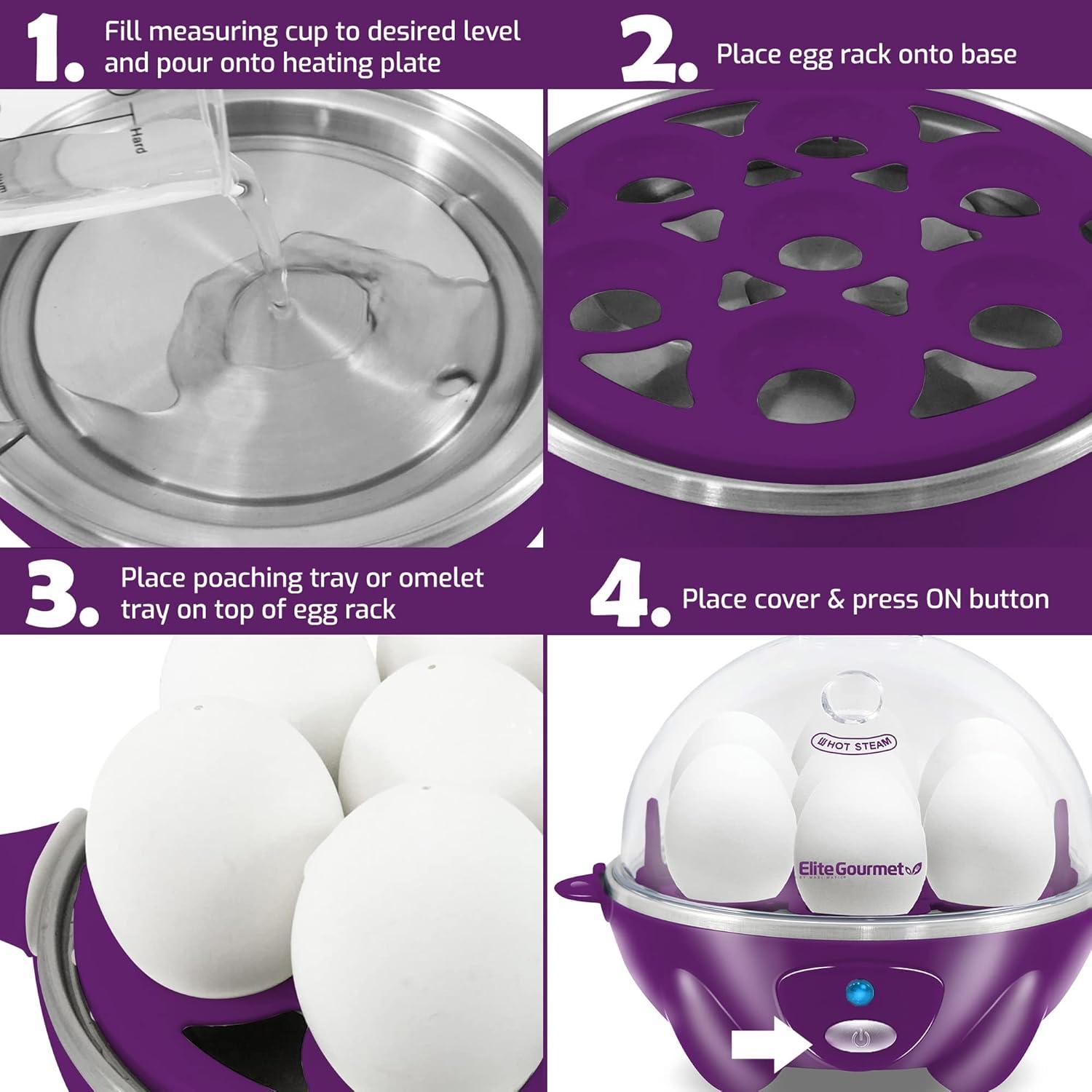 imageElite Gourmet Easy Electric 7 Egg Capacity Cooker Poacher Omelet Maker Scrambled Soft Medium Hard Boiled with Auto ShutOff and Buzzer BPA FreePurple