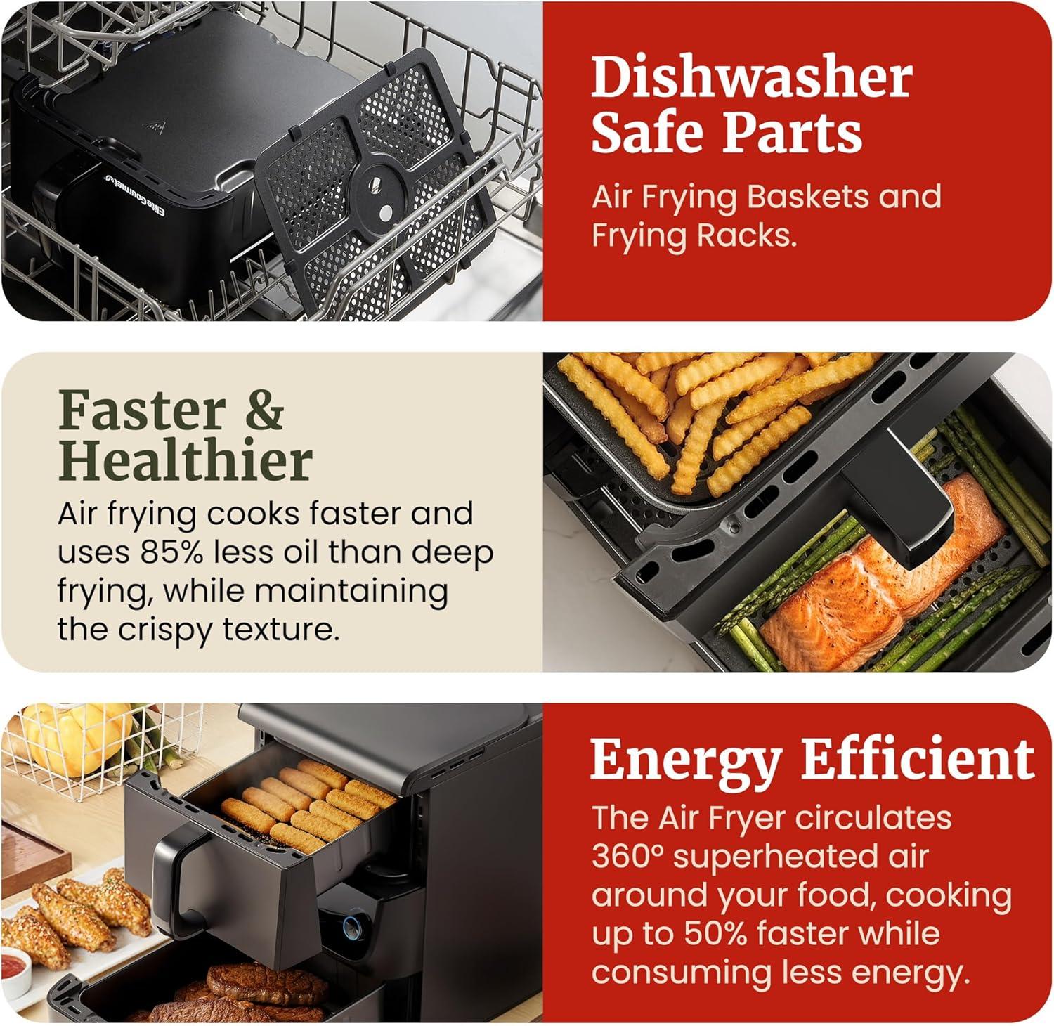 imageElite Gourmet Glass Air Fryer 24 Qt Compact Size for 12 People PFASFree Ceramic amp Glass Basket Visible Cooking Adjustable Temp 175400F 1150W Black105 Quart