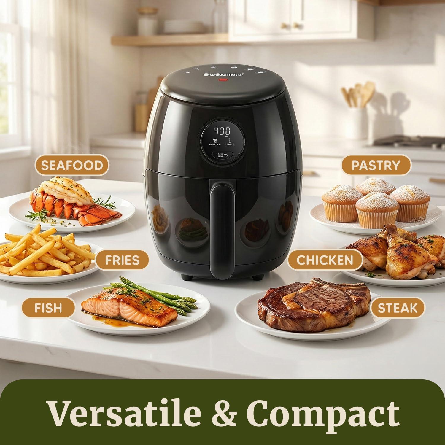 imageElite Gourmet Glass Air Fryer 24 Qt Compact Size for 12 People PFASFree Ceramic amp Glass Basket Visible Cooking Adjustable Temp 175400F 1150W Black21 Quart