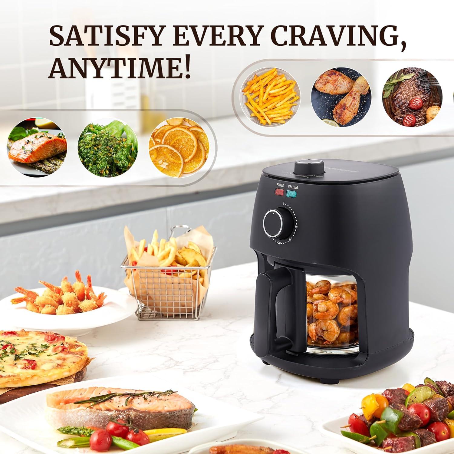 imageElite Gourmet Glass Air Fryer 24 Qt Compact Size for 12 People PFASFree Ceramic amp Glass Basket Visible Cooking Adjustable Temp 175400F 1150W Black24 Quart
