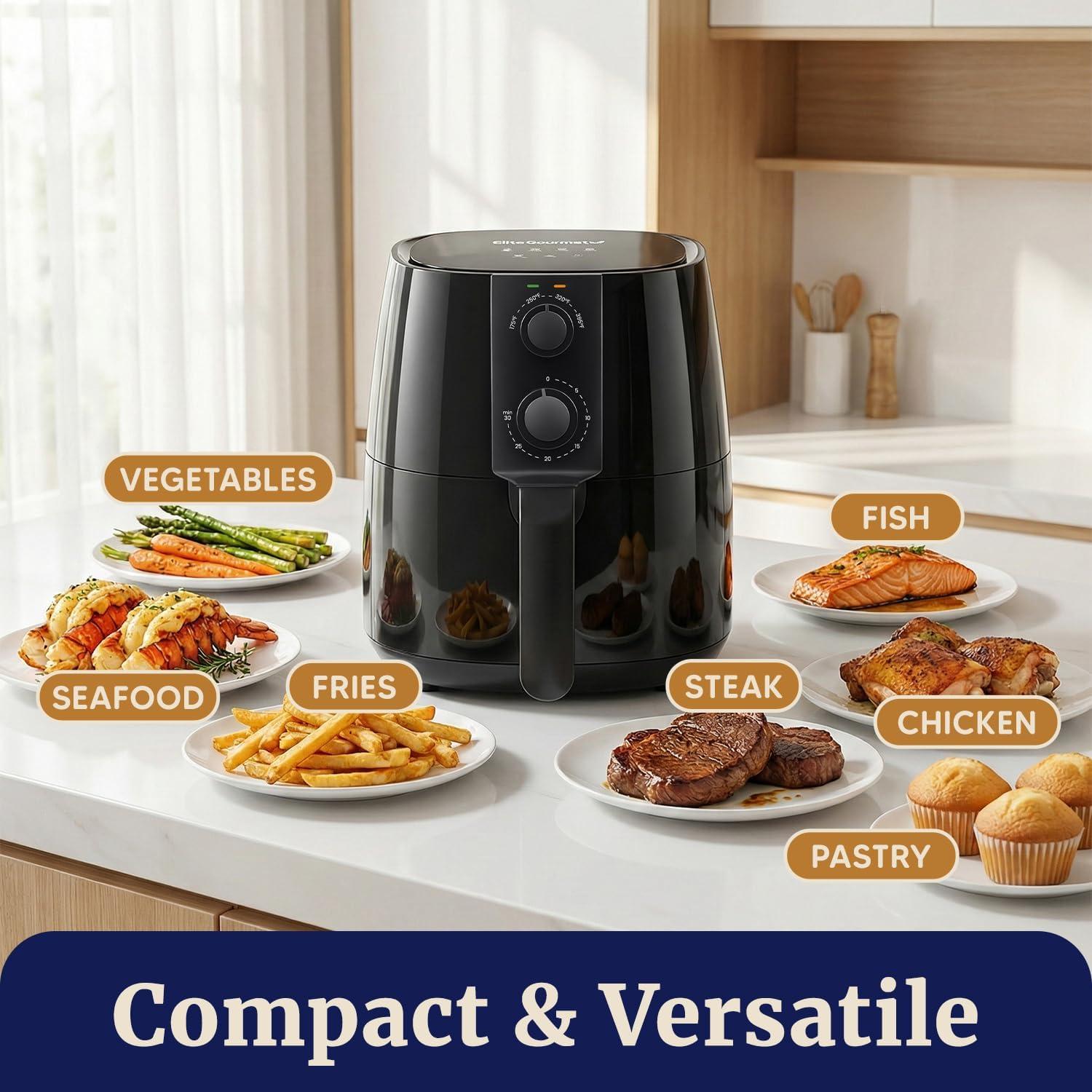 imageElite Gourmet Glass Air Fryer 24 Qt Compact Size for 12 People PFASFree Ceramic amp Glass Basket Visible Cooking Adjustable Temp 175400F 1150W Black4 Quart