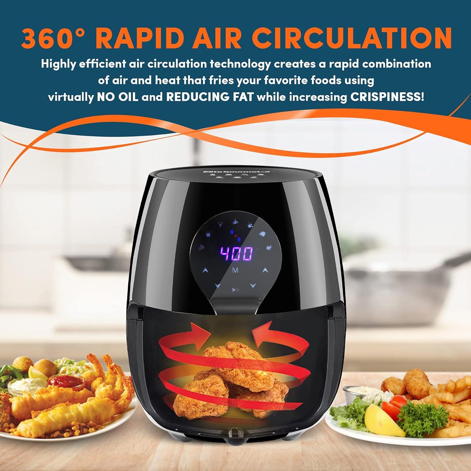 imageElite Gourmet Glass Air Fryer 24 Qt Compact Size for 12 People PFASFree Ceramic amp Glass Basket Visible Cooking Adjustable Temp 175400F 1150W Black53 Quart