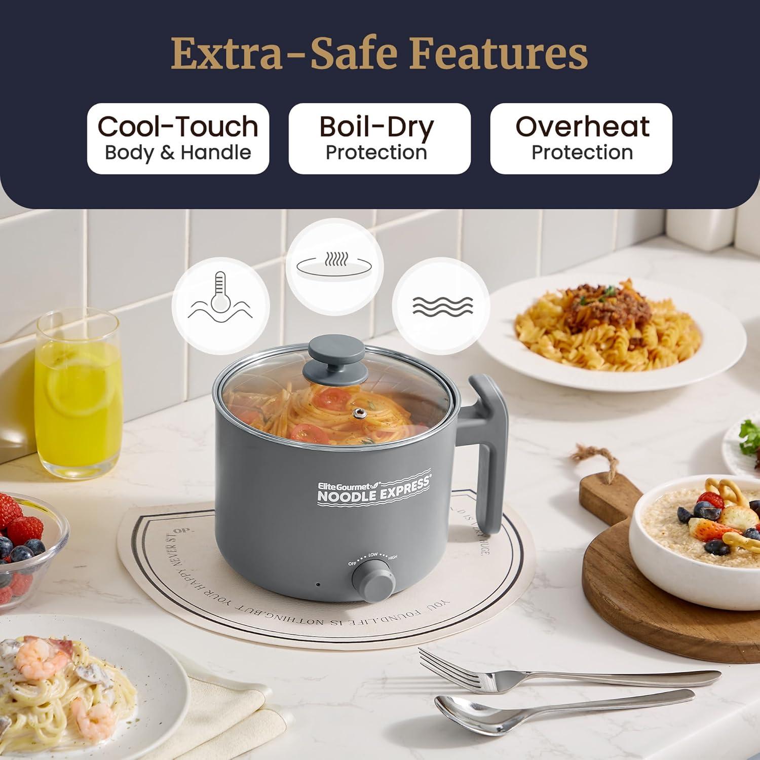 imageElite Gourmet NOODLE EXPRESS Hot Pot Prepare Ramen Rice Soups Stews Boil Water StainlessSteel Interior Glass Lid HighLowOff Settings GreyStainless Steel