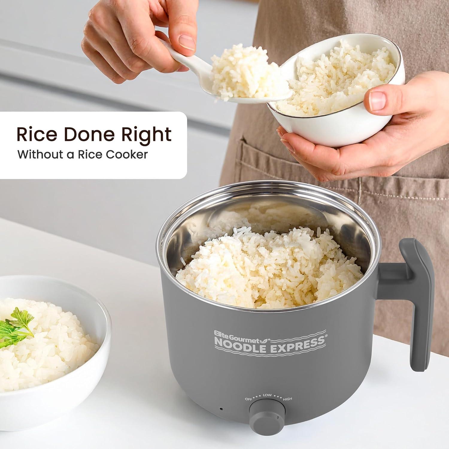 imageElite Gourmet NOODLE EXPRESS Hot Pot Prepare Ramen Rice Soups Stews Boil Water StainlessSteel Interior Glass Lid HighLowOff Settings GreyStainless Steel
