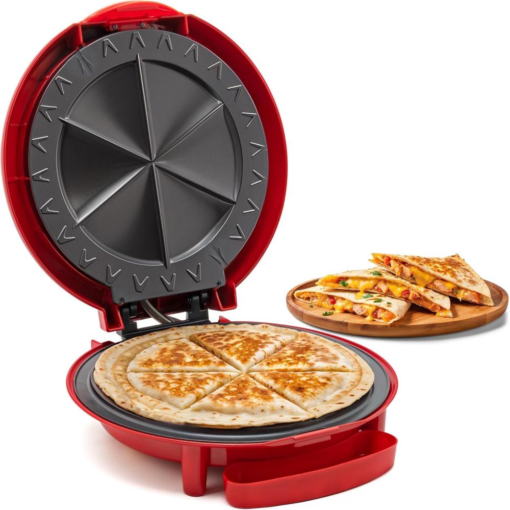 imageElite Gourmet 11 Cheesy Quesadilla Maker 2Position Locking Latch For Extra Stuffing EasySlice 6Wedge Red11