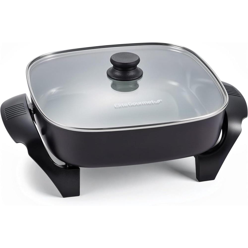 imageElite Gourmet 12 x 12 x 3 Ceralast PFAS Free Ceramic Electric Skillet Dishwasher Safe Xtra Deep Dish Rapid Heat 1200W Black75Qt