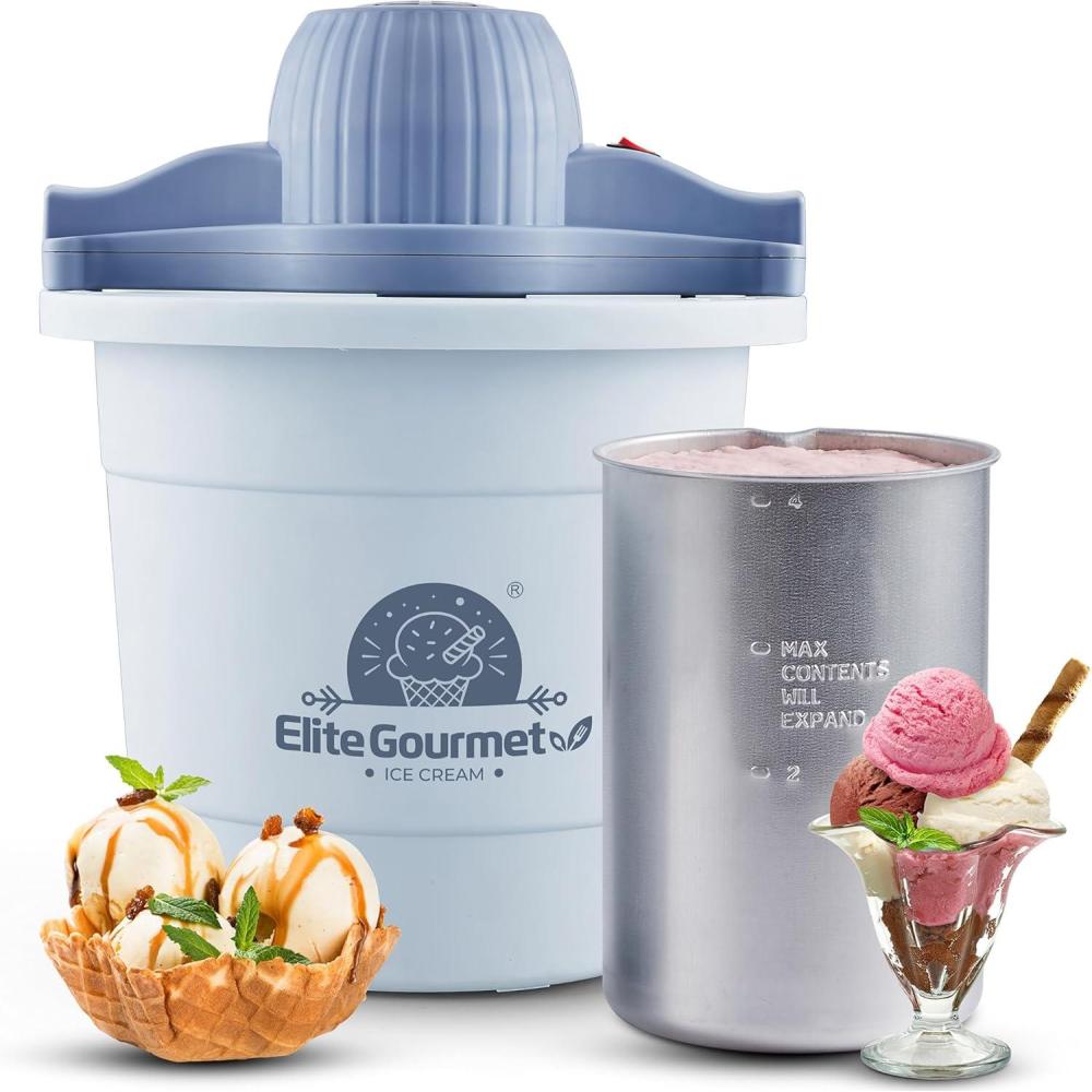 imageElite Gourmet 4Qt Electric Ice Cream Maker EIM350 Delicious Homemade Ice Cream Gelato Sorbet Frozen Yogurt 4Qt Aluminum Freezing Cannister Durable Plastic Ice Bucket Powerful 50W PeriwinklePeriwinkle
