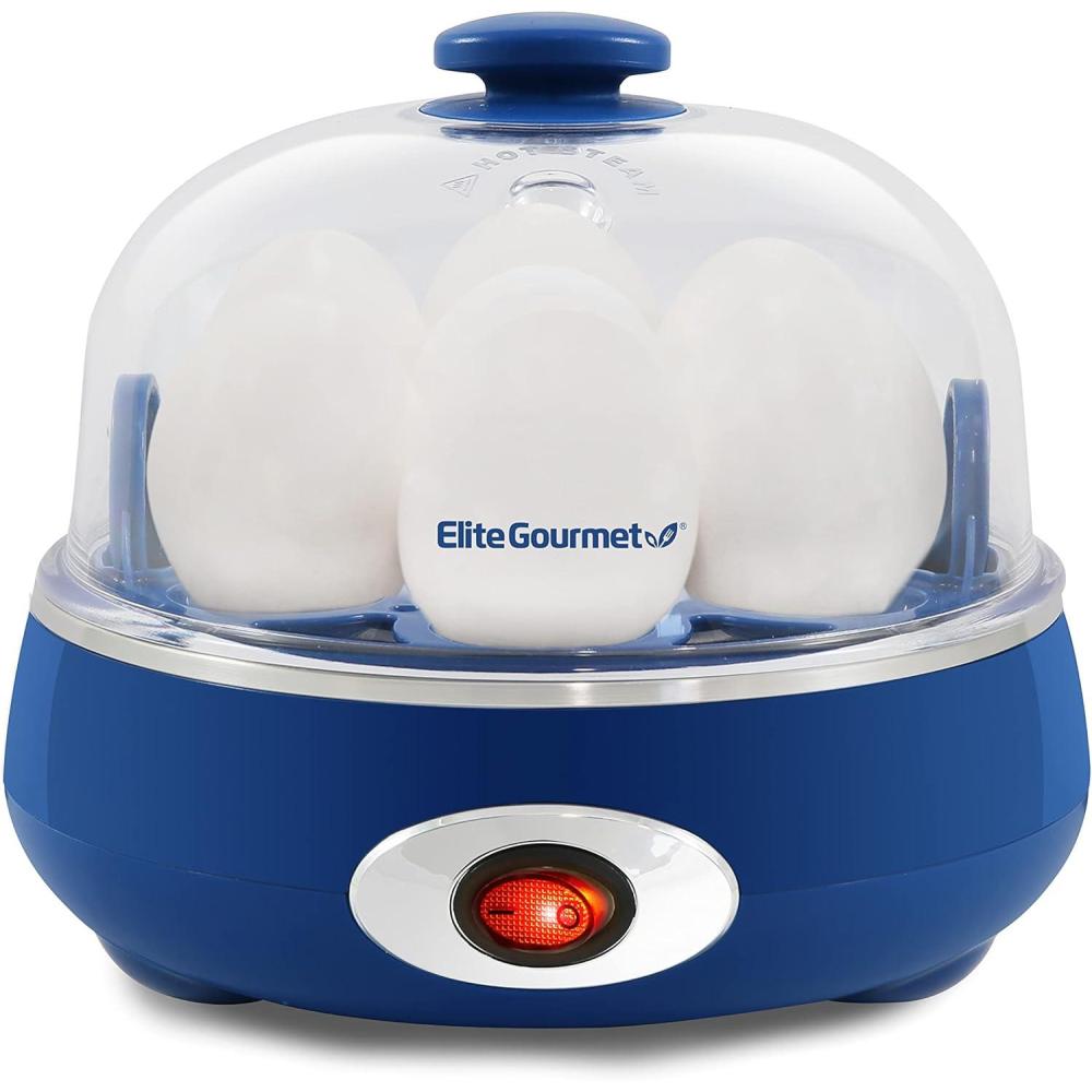 imageElite Gourmet EGC007CBL Rapid Egg Cooker 7 EasyToPeel Hard Medium Soft Boiled Eggs Poacher Omelet Maker Auto ShutOff Alarm 16Recipe Booklet BPAFree CobaltBlue Grey