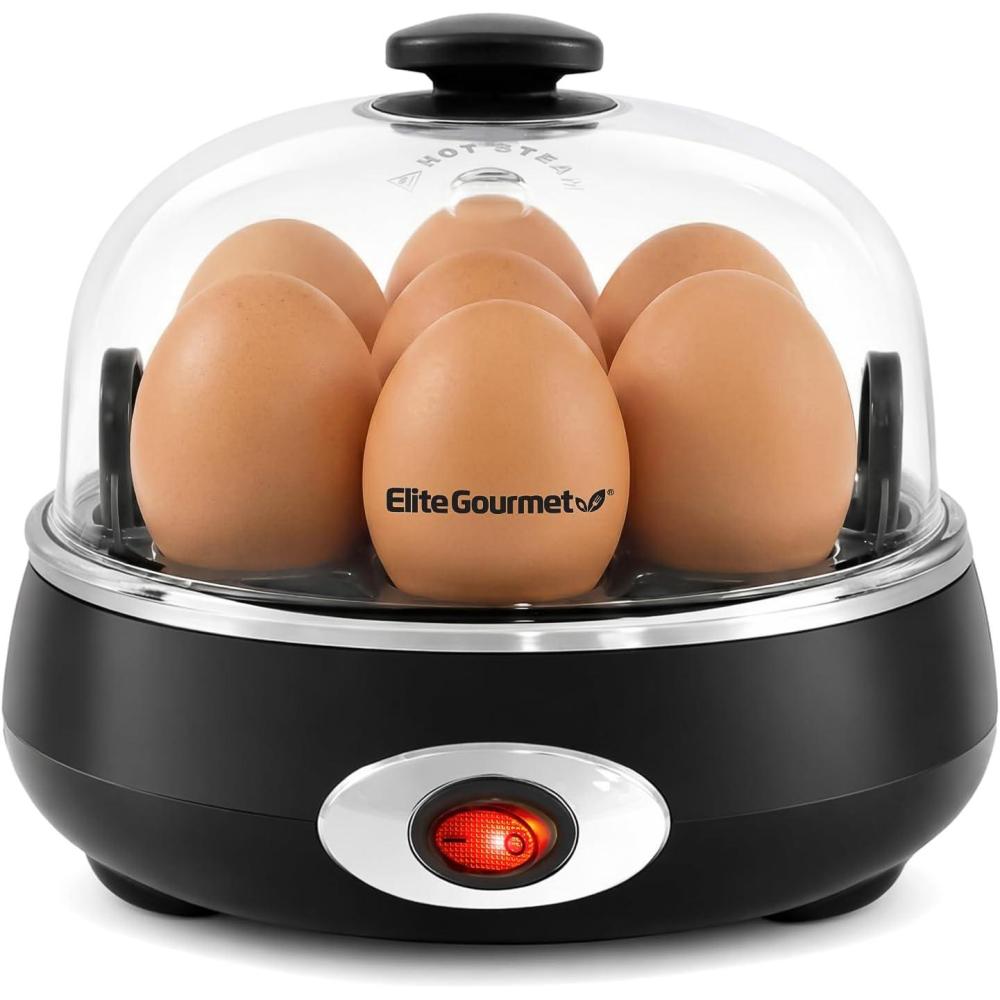 imageElite Gourmet EGC007CBL Rapid Egg Cooker 7 EasyToPeel Hard Medium Soft Boiled Eggs Poacher Omelet Maker Auto ShutOff Alarm 16Recipe Booklet BPAFree CobaltCharcoal Grey
