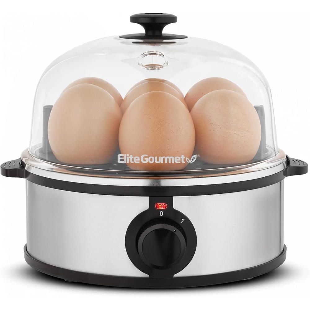 imageElite Gourmet EGC1215B Easy Egg Cooker Stainlesssteel Heating Plate TwoTiered 14Egg Capacity Soft Medium HardBoiled Auto ShutOff Omelets Poached Eggs Measuring Cup Piercing Pin BlackStainless Steel