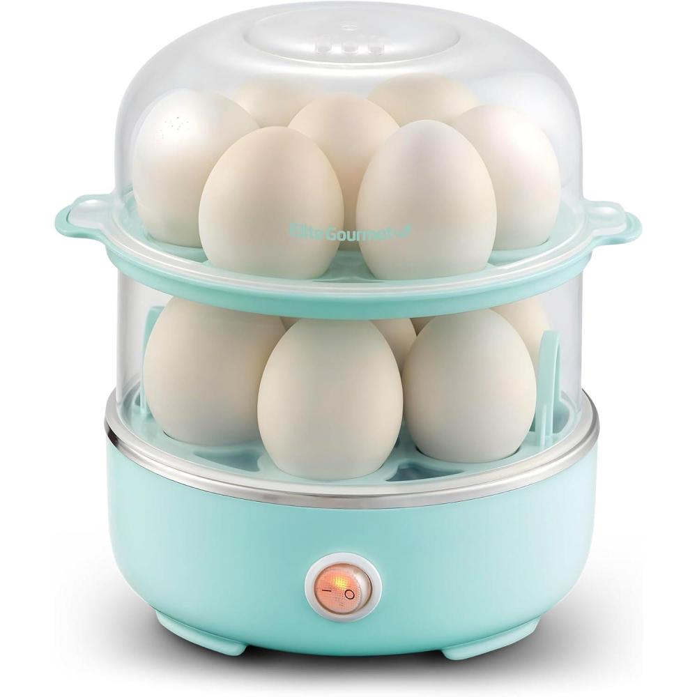 imageElite Gourmet EGC1215B Easy Egg Cooker Stainlesssteel Heating Plate TwoTiered 14Egg Capacity Soft Medium HardBoiled Auto ShutOff Omelets Poached Eggs Measuring Cup Piercing Pin BlackMint