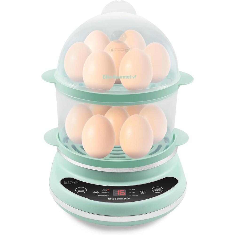 imageElite Gourmet EGC314CB Digital Easy Egg Cooker Food Steamer Poacher Omelet Soft Medium HardBoiled Egg with 6 Programmed Preset Functions 2Tiers Measuring Cup 14 egg capacity BlackMint