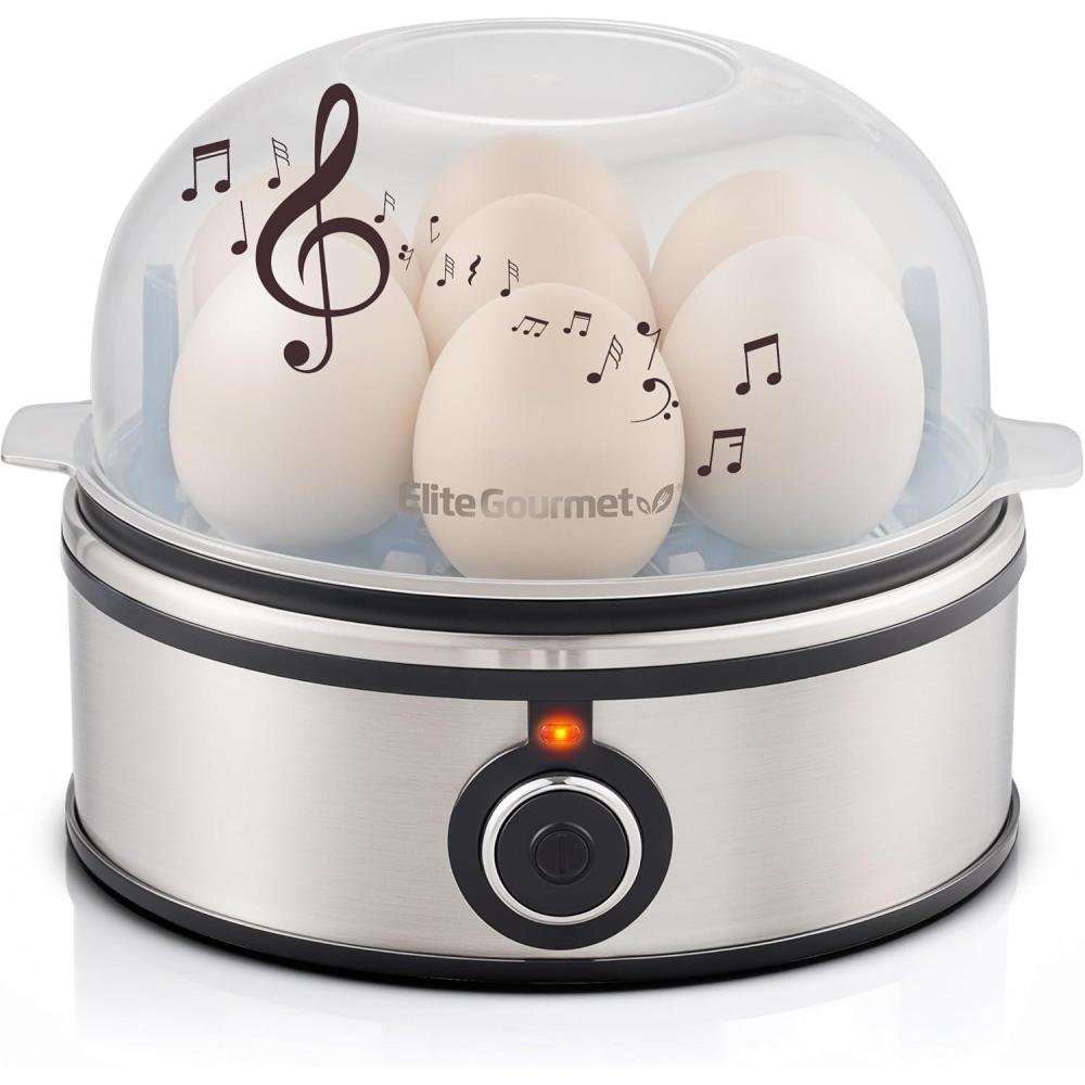 imageElite Gourmet EGC855SS Easy Egg Cooker 7Egg Capacity Soft Medium HardBoiled Omelets Poached Eggs Plays Melody when Done Auto ShutOff Measuring Cup Stainless SteelStainless Steel