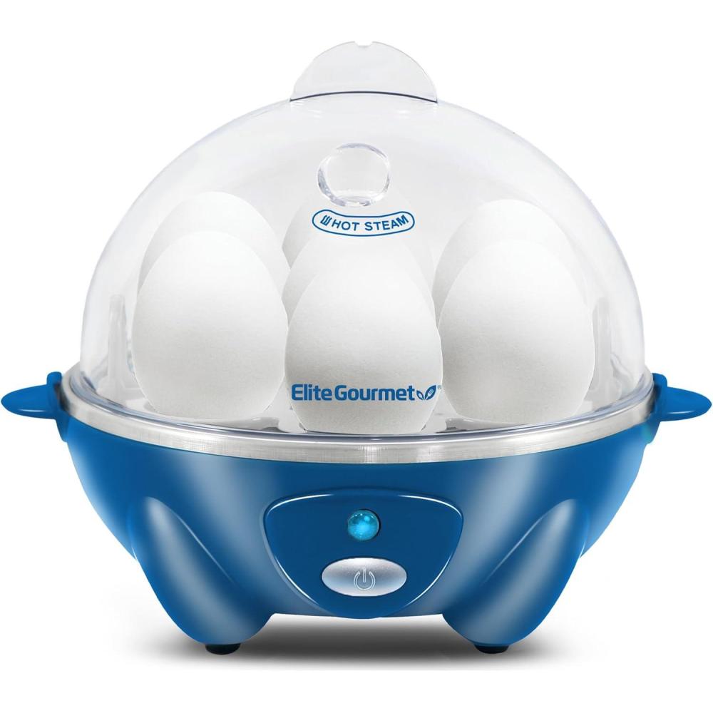 imageElite Gourmet Easy Electric 7 Egg Capacity Cooker Poacher Omelet Maker Scrambled Soft Medium Hard Boiled with Auto ShutOff and Buzzer BPA FreeClassic Blue