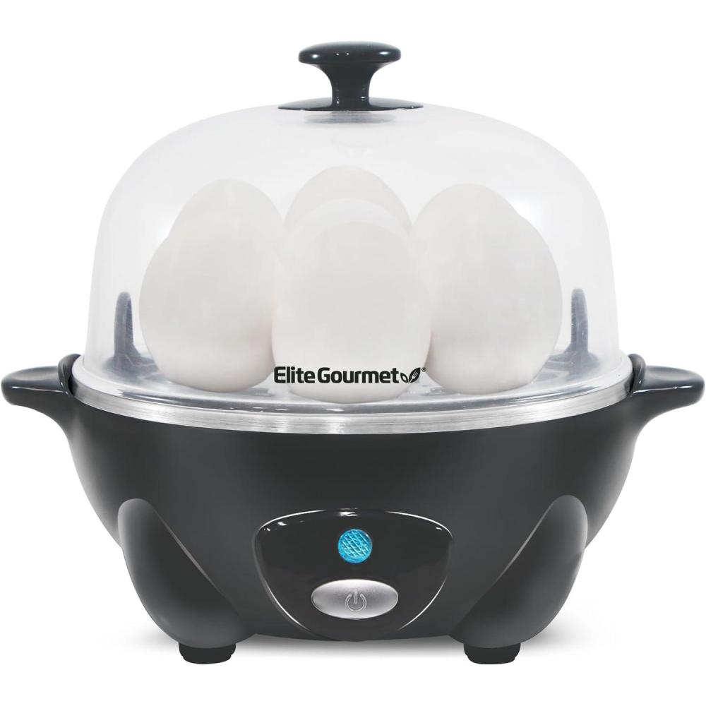 imageElite Gourmet Easy Electric 7 Egg Capacity Cooker Poacher Omelet Maker Scrambled Soft Medium Hard Boiled with Auto ShutOff and Buzzer BPA FreeDark Grey
