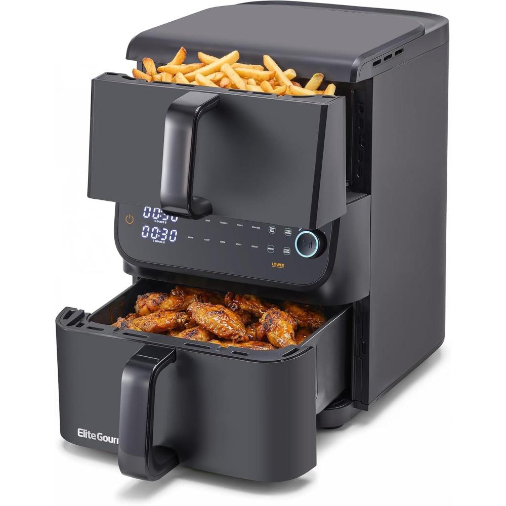 imageElite Gourmet Glass Air Fryer 24 Qt Compact Size for 12 People PFASFree Ceramic amp Glass Basket Visible Cooking Adjustable Temp 175400F 1150W Black105 Quart