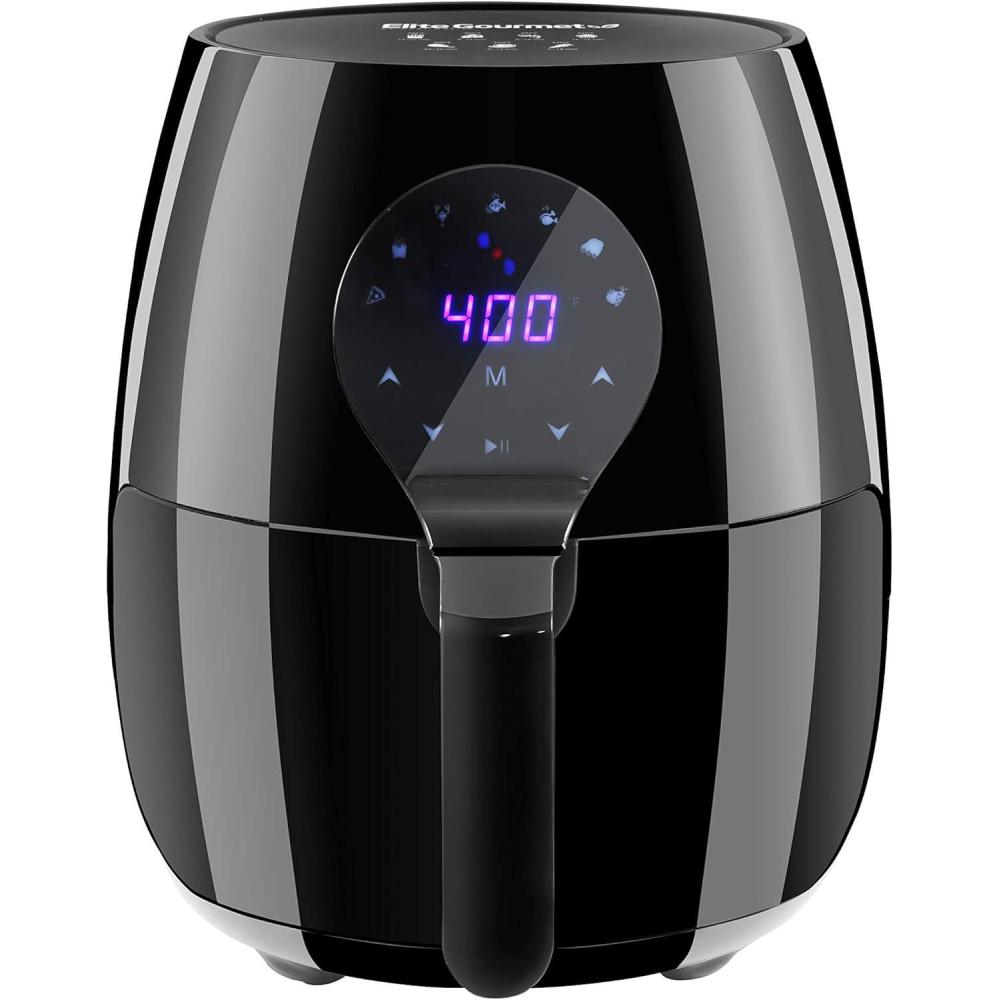 imageElite Gourmet Glass Air Fryer 24 Qt Compact Size for 12 People PFASFree Ceramic amp Glass Basket Visible Cooking Adjustable Temp 175400F 1150W Black53 Quart