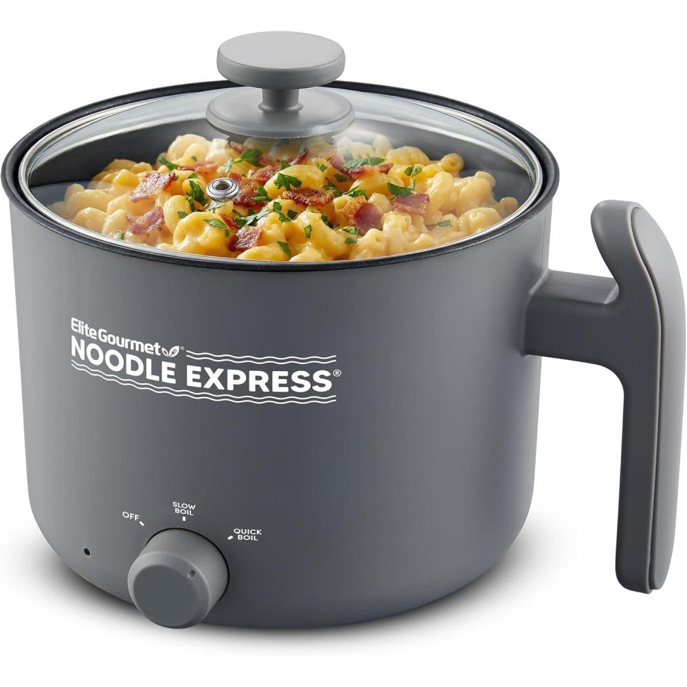 imageElite Gourmet NOODLE EXPRESS Hot Pot Prepare Ramen Rice Soups Stews Boil Water StainlessSteel Interior Glass Lid HighLowOff Settings GreyCeramic